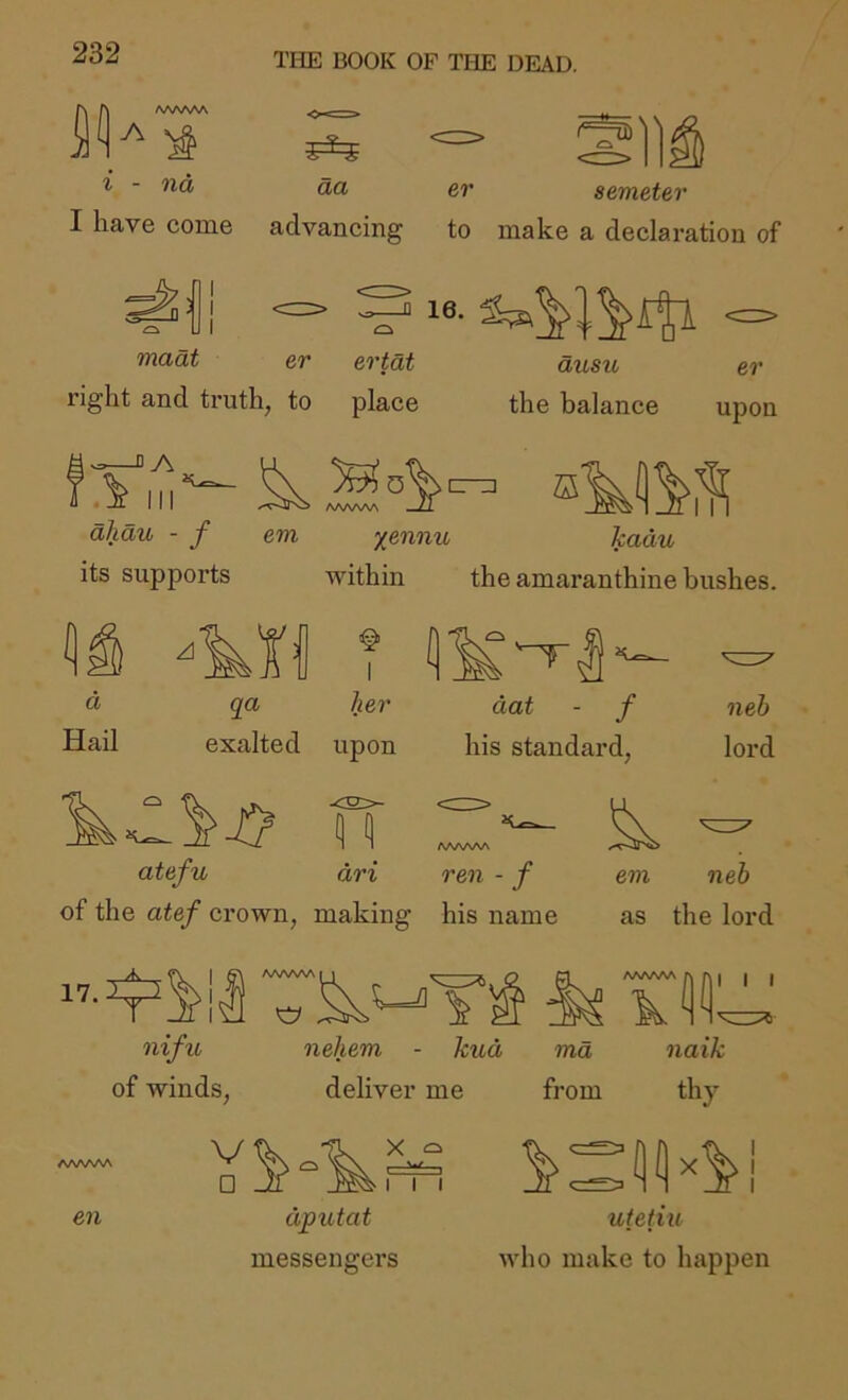 ^ fSAAAAA i - nd I have come da advancing er semeter to make a declaration of madt er right and truth, to le. ertdt ausu place the balance er upon akdu - f its supports AA/VWS — era xennu within kadu the amaranthine bushes. d qa her dat - f neb Hail exalted upon his standard, lord atefu dri of the atef crown, making AAAAAA ren - f his name em neb as the lord A 17. T nifu of winds nelum - kud deliver me AAA/Wv ^ r k'I'l I I I ma from naik thy AAAAAA en V □ X Q , . W. I I I dputat messengers I I utetiu who make to happen