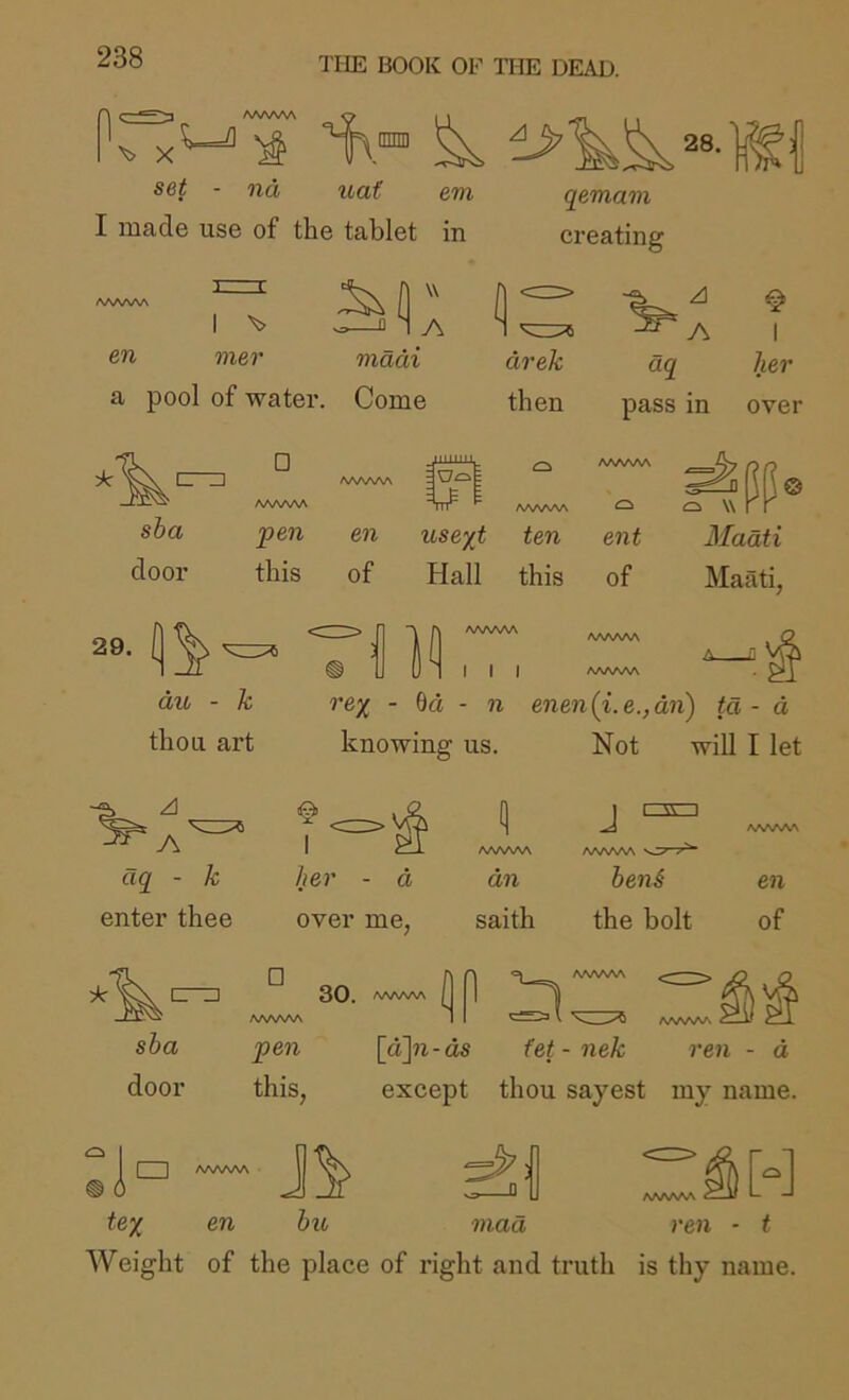 set - nd uat evi g^emam I iua.de use of the tablet in creating I ^ A en mer mddi a pool of water. Come drek then A ^ A I dg her pass in over □ AAAAAA AAAAAA AAAAAA AAAAAA O sba pen en usext ten ent Maati door this of Hall this of Maati, thou art j AAAAAA ® U l) 1 I I I re% - 6d - n knowing us. AAAAAA AAAAAA enen(i.e.,dii) ta - d Not will I let ag - k her - d enter thee over me, 1 J ^ AAAAAA AAAAAA AAAAAA ^ dn ben§ en saith the bolt of door □ AAAAAA 30. AAAAAA pen [a\n-ds this, except fet - nek ren - d thou sayest my name. “|a — tex en bu mad Weight of the place of right and truth ren - t is thy name.