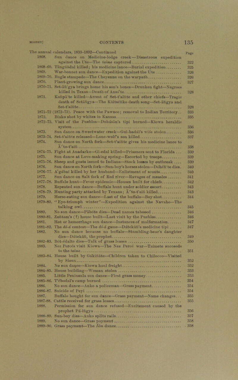 Tlie auuiiul calendars, 1833-1892—Continued Page 18r>8. Sun dance on Medicine-lodge creek — Disastrous expedition against the Ute—The taime captured 322 1868- G‘J. Tiinguildal killed; his medicine lance—Burial expedition 325 1869. War-l)oniiet sun dance—Expedition against tlie Ute 326 1869- 70. Bugle stampede—The Cheyenne on the warpath 326 1870. Plant-growing sun dance 327 1870- 71. Set-ilu'gya brings home his son’s bones—Drunken fight—Negroes killed in Texas—Death of Anso te 328 1871. Koupii'te killed—Arrest of Set-t’ainte and other chiefs—Tragic death of Setiingya—The Kfiits<iuko death song—Set-iingya and Set-t’aiute 328 1871- 72 (1872-73). Peace with the Pawnee; removal to Indian Territory.. 333 1872. Biako shot by whites in Kansas 335 1872- 73. Visit of the Pueblos—Dohdsiin’s tipi burned—Kiowa heraldic system 336 1873. Sun dance on Sweetwater creek—Gui-baddi’s wii'e stolen 336 1873- 74. Set-t’aiute released—Lone-wolf’s sou killed 337 1874. Sun dance on North fork—Set-t’aiute gives his medicine lance to A''to-t’aiu 338 1874- 75. Fight at Anadarko—Gi-edal killed—Prisoners sent to Florida ... 339 1875. Sun dance at Love-making spring—Escorted by troops 339 1875- 76. Sheep and goats issued to Indians—Stock losses by outbreak 339 1876. Sun dance on North fork—Sun-boy’s horses stolen—Ddhdn'te dies. 340 1876- 77. A'giibai killed by her husband—Enlistment of scouts 340 1877. Sun dance on Salt fork of Red river—Ravages of measles 341 1877- 78. Buffalo hunt—Fever epidemic—Houses built for chiefs 342 1878. Repeated sun dance—Buffalo hunt under soldier escort 343 1878- 79. Hunting party attacked by Texans; A'*to-t’ain killed 343 1879. Horse-eating sun dance—liust of the buffalo—Boy shot 344 1879- 80. “Eye-triumph winter”—Expedition against the Navaho—The talking owl 345 1880. No sun dance—Piibdte dies—Dead names tabooed 346 1880- 81. Zontam’s (?) house built—Last visit by the Pueblos 346 1881. Hot or hemorrhage sun dance—Instances of malformation 347 1881- 82. The d6-d contest—The (l6-d game—Ddtekiln’s medicine tipi 347 1882. No sun dance because no buffalo—Stumbling-bear’s daughter dies—Ddiekdn, the prophet 349 1882- 83. Bot-cdalte dies—Talk of grass leases ,. 350 1883. Nez Perc<^s visit Kiowa—The Nez Perce war—Taimete succeeds to the taCme 351 1883- 84. House built by Gfikinate—Children taken to Chilocco—Visited by Sioux 352 1884. No sun dapce—Kiowa haul freight 352 1884- 85. House building—Woman stolen 353 1885. Little Peninsula sun dance—First grass money 353 1885- 86. T’dbodal’s camp burned 354 1886. No sun dance—Anko a policeman—Grass payment 354 1886- 87. Suicide of I’eyi 354 1887. Buffalo bought for sun dance—Grass payment—Name changes... 355 1887- 88. Cattle received for grass leases 355 1888. Permission for sun dance refused—Excitement caused by the prophet Pd-iugya 356 1888- 89. Sun-boy dies—Anko splits rails 357 1889. No sun d.'ince—Grass payment 358 1889- 90, Grass payment—The /dm dance • 358