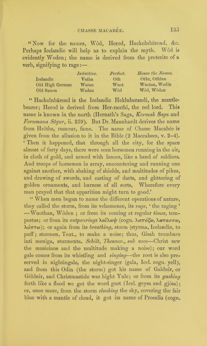 “Now for the names, Wod, Herod, Ilackclnbarend, &c. Perhaps Icelandic will help us to explain the myth. Wbd is evidently Woden; the name is derived from the preterite of a verb, signifying to rage:— Infinitive. Perfect, Icelandic Vatha Oth Old High German Watan Wuot Old Saxon Wadan Wod Hence the Haines. Otlir, Othinn Wuotan, Wod in Wod, Wodan “ Hackelnbarend is the Icelandic Hekluberandi, the mantle- bearer; Herod is derived from Her-rauthi, the red lord. This name is known in the north (Hernath’s Saga, KormaJc Saga and Fornmana Sogur, ii. 259). But Dr. Mannhardt derives the name from Hroths, rumour, fame. The name of Chasse Macabee is given from the allusion to it in the Bible (2 Maccabees, v. 2-4). ‘ Then it happened, that through all the city, for the space almost of forty days, there were seen horsemen running in the air, in cloth of gold, and armed with lances, like a band of soldiers. And troops of horsemen in array, encountering and running one against another, with shaking of shields, and multitudes of pikes, and drawing of swords, and casting of darts, and glittering of golden ornaments, and harness of all sorts, Wherefore every man prayed that that apparition might turn to good.’ “ When men began to name the different operations of nature, they called the storm, from its vehemence, its rage, ‘ the raging ’ —Wuothan, Woden ; or from its coming at regular times, tem- pestus; or from its outpourings \alXa-^r (cogn. Xaird^w^aivaaa-w, \d7rTc0); or again from its breathing, storm (styrma, Icelandic, to puff; sturmen, Teut., to make a noise; thus, Gisah trumbaro inti meniga, sturmenta, Schilt, Tliesaur., sub voce—Christ saw the musicians and the multitude making a noise); our word gale comes from its whistling and singing--the root is also pre- served in nightingale, the night-singer (gala, Icel. cogn. yell), and from this Odin (the storm) got his name of Galdnir, or Goldnir, and Christmastide was hight Yule; or from its gushing forth like a flood we get the word gust (Icel. geysa and gjosa); or, once more, from the storm cloaking the sky, covering the fail- blue with a mantle of cloud, it got its name of Procella (cogn.