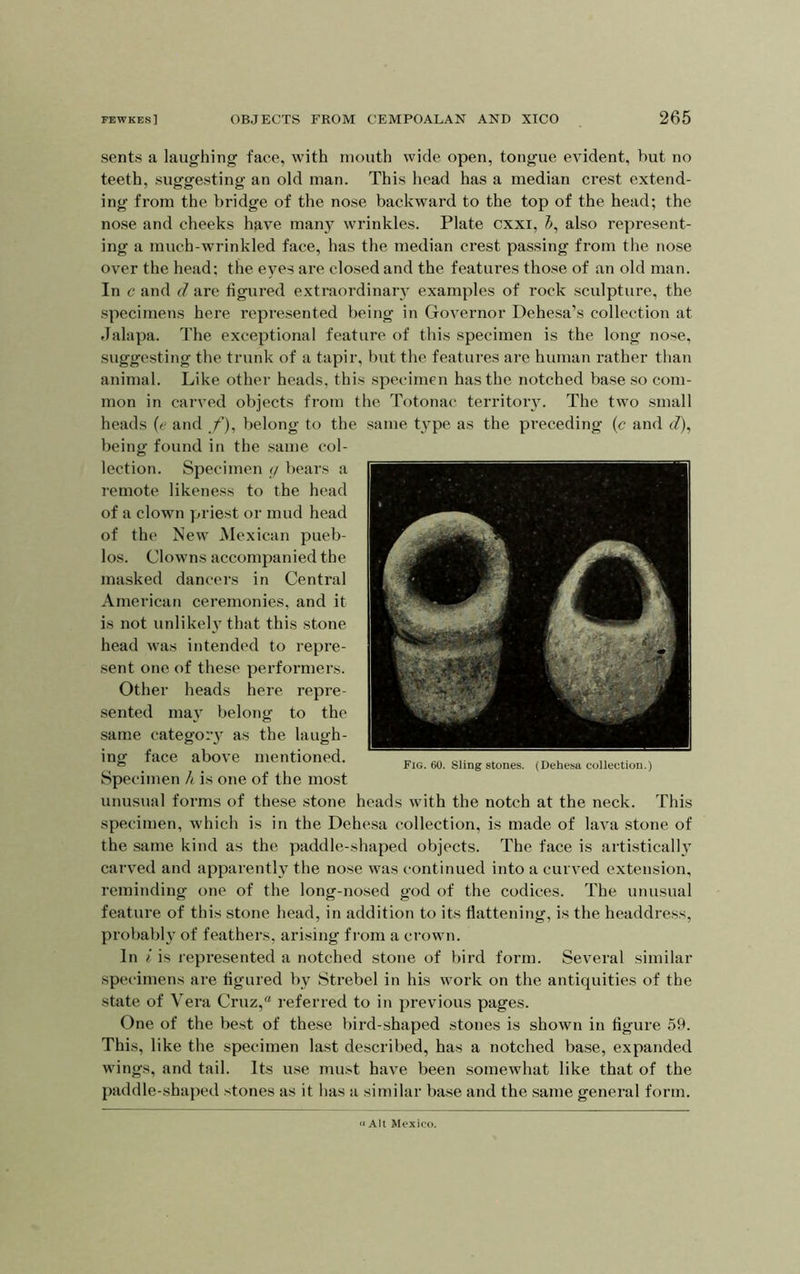 sents a laughing face, with mouth wide open, tongue evident, hut no teeth, suggesting an old man. This head has a median ci’est extend- ing from the bridge of the nose backward to the top of the head; the nose and cheeks have many wrinkles. Plate cxxi, ?», also represent- ing a much-wrinkled face, has the median crest passing from the Tiose over the head; the eyes are closed and the features those of an old man. In c and d are tigured extraordinary examples of rock sculpture, the specimens here represented being in Governor Dehesa’s collection at Jalapa. The exceptional feature of this specimen is the long nose, suggesting the trunk of a tapir, but the features are human rather than animal. Like other heads, this specimen has the notched base so com- mon in carved objects from the Totonac territoiy. The two small heads {e and f), belong to the same type as the preceding {c and d), being found in the same col- lection. Specimen y bears a remote likeness to the head of a clown y^riest or mud head of the New Mexican pueb- los. Clowns accompanied the masked dancers in Central American ceremonies, and it is not unlikel v that this stone head was intended to repre- sent one of these performers. Other heads here repre- sented may belong to the same categozy as the laugh- ing face above mentioned. Specimen h is one of the most unusual forms of these stone heads with the notch at the neck. This specimen, which is in the Dehesa collection, is made of lava stone of the same kind as the paddle-shaped objects. The face is artistically carved and apparently the nose was continued into a curved extension, reminding one of the long-nosed god of the codices. The unusual feature of this stone head, in addition to its flattening, is the headdress, probabl}' of feathers, arising fi'om a crown. In i is represented a notched stone of bird form. Several similar specimens are figured by Strebel in his work on the antiquities of the state of Vera Cruz,“ referred to in j)revious pages. One of the best of these bird-shaped stones is shown in figure 59. This, like the specimen last described, has a notched base, expanded wings, and tail. Its use must have been somewhat like that of the paddle-shaped stones as it has a similar base and the same general form. « Alt Mexico.