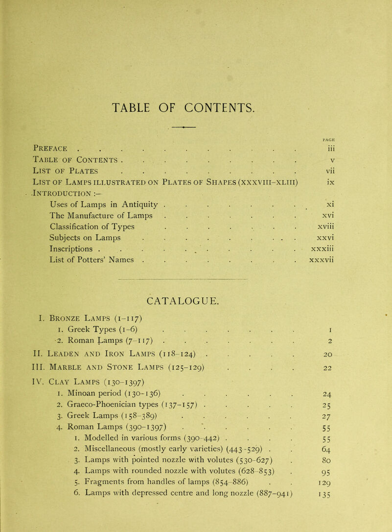 TABLE OF CONTENTS. PAGE Preface ........... iii Table of Contents. . . . . . . . . v List of Plates vii List of Lamps illustrated on Plates of Shapes (xxxviii-xliii) ix - .Introduction Uses of Lamps in Antiquity ....... xi The Manufacture of Lamps ....... xvi Classification of Types ....... xviii Subjects on Lamps . . . . . . ... xxvi Inscriptions . . . . . . . . xxxiii List of Potters’ Names ........ xxxvii CATALOGUE. I. Bronze Lamps (1-117) 1. Greek Types (1-6) ....... 1 -2. Roman Lamps (7-117) ....... 2 II. Leaden and Iron Lamps (118-124) ..... 20 III. Marble and Stone Lamps (i25-129) . . . . 22 IV. Clay Lamps (130-1397) 1. Minoan period (130-136) ...... 24 2. Graeco-Phoenician types (137-157) ..... 25 3. Greek Lamps (158-389) ...... 27 4. Roman Lamps (390-1397) . . . . . 55 1. Modelled in various forms (390-442) . . . . 55 2. Miscellaneous (mostly early varieties) (443-529) . . 64 3. Lamps with pointed nozzle with volutes (530-627) . 80 4. Lamps with rounded nozzle with volutes (628-853) . 95 5. Fragments from handles of lamps (854-886) . . 129