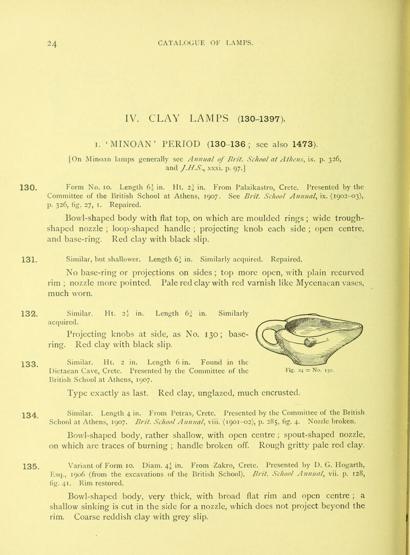 131. 132. 133. 134. 135. 24 CATALOGUE OF LAMPS. IV. CLAY LAMPS (130-1397). i. ‘ MINOAN ’ PERIOD (130-136; see also 1473). [On Minoan lamps generally see Annual of Brit. School at Athensfw. p. 326, and J.H.S., xxxi. p. 97.] Committee of the British School at Athens, 1907. See Brit. School Annual, ix. (1902-03), p. 326, fig. 27, 1. Repaired. Bowl-shaped body with flat top, on which are moulded rings ; wide trough- shaped nozzle ; loop-shaped handle ; projecting knob each side ; open centre, and base-ring. Red clay with black slip. Similar, but shallower. Length 61 in. Similarly acquired. Repaired. No base-ring or projections on sides ; top more open, with plain recurved rim ; nozzle more pointed. Pale red clay with red varnish like Mycenaean vases, much worn. Similar. Ht. i\ in. Length 6f- in. Similarly acquired. Projecting knobs at side, as No. 130; base- ring. Red clay with black slip. Similar. Ht. 2 in. Length 6 in. Found in the Dictaean Cave, Crete. Presented by the Committee of the British School at Athens, 1907. Fig. 24 = No. 132. Type exactly as last. Red clay, unglazed, much encrusted. Similar. Length 4 in. From Petras, Crete. Presented by the Committee of the British School at Athens, 1907. Brit. School Annual, viii. (1901-02), p. 285, fig. 4. Nozzle broken. Bowl-shaped body, rather shallow, with open centre ; spout-shaped nozzle, on which are traces of burning ; handle broken off. Rough gritty pale red clay. Variant of Form 10. Diam. 4*- in. From Zakro, Crete. Presented by U. G. Hogarth, Esq., 1906 (from the excavations of the British School). Brit. School Annual, vii. p. 128, fig. 41. Rim restored. Bowl-shaped body, very thick, with broad flat rim and open centre ; a shallow sinking is cut in the side for a nozzle, which does not project beyond the rim. Coarse reddish clay with grey slip.