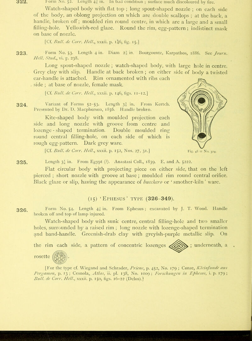 323. 324. 325. 326. r orm Mo. 52. Length 44 m. in baa condition ; surface much discoloured by fire. Watch-shaped body with flat top ; long spout-shaped nozzle ; on each side of the body, an oblong projection on which are double scallops ; at the back, a handle, broken off; moulded rim round centre, in which are a large and a small filling-hole. Yellowish-red glaze. Round the rim, egg-pattern ; indistinct mask on base of nozzle. [Cf. Bull, tie Corr. Hell., xxxii. p. 146, fig. 15.] Form No. 53. Length 4 in. Diam 27g in. Bourgounte, Karpathos, 1886. Sec Journ. Hell. Stud., vi. p. 238. Long spout-shaped nozzle ; watch-shaped body, with large hole in centre. Grey clay with slip. Handle at back broken ; on either side of body a twisted ear-handle is attached. Rim ornamented with ribs each side ; at base of nozzle, female mask. [Cf. Bull, de Corr. Hell., xxxii. p. 146, figs. 11-12.] Variant of Forms 52-53. Length 3-f in. From Kertch. Presented by Dr. D. Macpherson, 1856. Handle broken. Kite-shaped body with moulded projection each side and long nozzle with groove from centre and lozenge - shaped termination. Double moulded ring round central filling-hole, on each side of which is rough egg-pattern. Dark grey ware. [Cf. Bull, de Corr. Hell., xxxii. p. 152, Nos. 27, 31.] Length 3j in. From Egypt (?). Anastasi Coll., 1839. E. and A. 5222. Flat circular body with projecting piece on either side, that on the left pierced ; short nozzle with groove at base ; moulded rim round central orifice. Black glaze or slip, having the appearance of bucchero or ‘ smother-kiln ’ ware. (15) ‘Ephesus’ type (326-349). Form No. 54. Length 4-fin. From Ephesus; excavated by J. T. Wood. Handle broken off and top of lamp injured. Watch-shaped body with sunk centre, central filling-hole and two smaller holes, surrounded by a raised rim ; long nozzle with lozenge-shaped termination and band-handle. Greenish-drab clay with greyish-purple metallic slip. On the rim each side, a pattern of concentric lozenges 4§|> ; underneath, a rosette [For the type cf. Wiegand and Schrader, Priene, p. 452, No. 179 ; Conze, Klcinfunde aus Pergainon, p. 13; Cesnola, Atlas, ii. pi. 138, No. 1009; Forschungen in Efthesos, i. p. 179 ; Bull, de Corr. Hell., xxxii. p. 150, figs. 16-22 (Delos),]
