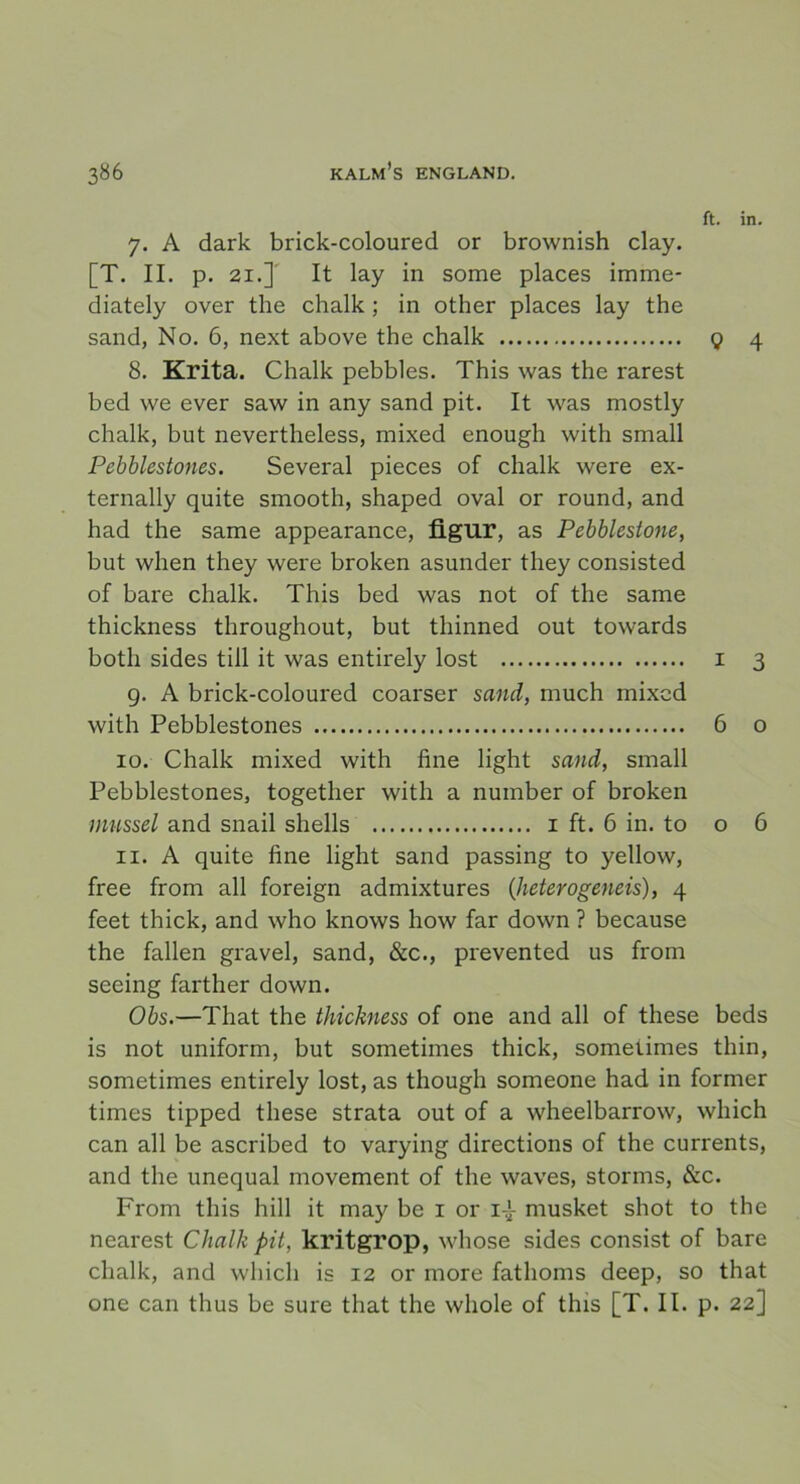 ft. in. 7. A dark brick-coloured or brownish clay. [T. II. p. 21.] It lay in some places imme- diately over the chalk ; in other places lay the sand, No. 6, next above the chalk g 4 8. Krita. Chalk pebbles. This was the rarest bed we ever saw in any sand pit. It was mostly chalk, but nevertheless, mixed enough with small Pebblestones. Several pieces of chalk were ex- ternally quite smooth, shaped oval or round, and had the same appearance, figur, as Pebbleslone, but when they were broken asunder tliey consisted of bare chalk. This bed was not of the same thickness throughout, but thinned out towards botli sides till it was entirely lost 1 3 g. A brick-coloured coarser sand, much mixcd with Pebblestones 6 o 10. Chalk mixed with fine light sand, small Pebblestones, together with a number of broken mussel and snail shells 1 ft. 6 in. to o 6 11. A quite fine light sand passing to yellow, free from all foreign admixtures (heterogeneis), 4 feet thick, and who knows how far down ? because the fallen gravel, sand, &c., prevented us from seeing farther down. Obs.—That the thickness of one and all of these beds is not uniform, but sometimes thick, sometimes thin, sometimes entirely lost, as though someone had in former times tipped these strata out of a wheelbarrow, which can all be ascribed to varying directions of the currents, and the unequal movement of the waves, storms, & c. From this hill it may be 1 or i^- musket shot to the nearest Chalk pit, kritgrop, whose sides consist of bare chalk, and which is 12 or more fathoms deep, so that one can thus be sure that the whole of this [T. II. p. 22]