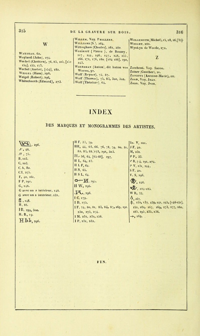 D w Watteau. 62. Wayland (John), 274. Wechel (Chrétien), 76, 85, ii5, [lâ?. 154], i55, 173. Wechel (André), [i54], 182. Weigel (Hans), 296. Weigel (Robert), ag6, Whitechurch (Edward), 273. E LA GRAVURE SUR BOIS Willem. Voy. Phillery. Williams (S.), 284, Wittingham (Charles), 281, 282. WoEÏRioT ( Pierre ), de Bouzey, 117 , 144 , 146, 147 , 148, i55 , 166, 172, 176, 180 [184 186], 190, 243. WoEBsMAîr (Anton), dit Anton von Worins, 97. Wolf (Reyner), 75, 87. Wolf (Thomas), 76, 83, 3oo, 3o2. Wolf (Théodore), 64. 316 WoLGEMUTH(Michel), i5,18, 26,[35]- Wright, 282. Wynkyn deWorde, 272. Z Zacchonf. Voy. Sacon. Zainer (Gunther), 21. Zanetti (Antoine-Maiie), iii, ZoAN, Voy. Jean. Ziian. Voy. Jean. INDEX DES MARQUES ET MONOGRAMMES DES ARTISTES. .A’, 48. AT , 75. B, io3. C, io3. C A, 80. CI, 275. F, 40, 161. F P, 291. G, i/jS. G avec lin F intérieur, 148. G avec un s intérieur, i32. S , 148. H, 88. IB, 299, 3oo. H. B., 19. Il F, 33, 79. HH, 44, 65, 66, 76, 78, 79, 80, 81, 82, 83, 88,>73, 298, 3o3. IB» 56, 64, [65-66], 297. H L, 64, 83. H LF, 64. H N, 65. H S L, 64. a-r-H.295. H W, 296. 296. I C,179. I D, 275. I F, 74, 80, 8i, 83, 84, 87,169, 191, 230, 273, 274. I M, 23i, 232, 258. I P, 2.3i, 232, lo. V, loi. J F, 40. M, 23i. P P, 33. 1^,7 4,191. 274. I* V, 23i, 244. S F, 40. V. S, 296. ua. I84-I85. W R, 33. Ô, 167. .iji, i32, 137, i39,14i, 145, [i46-i5i], i52, 161, 167, 169, 173, 177, 180, i85, 195, 235, 238. —>•» 1C9. FIN.