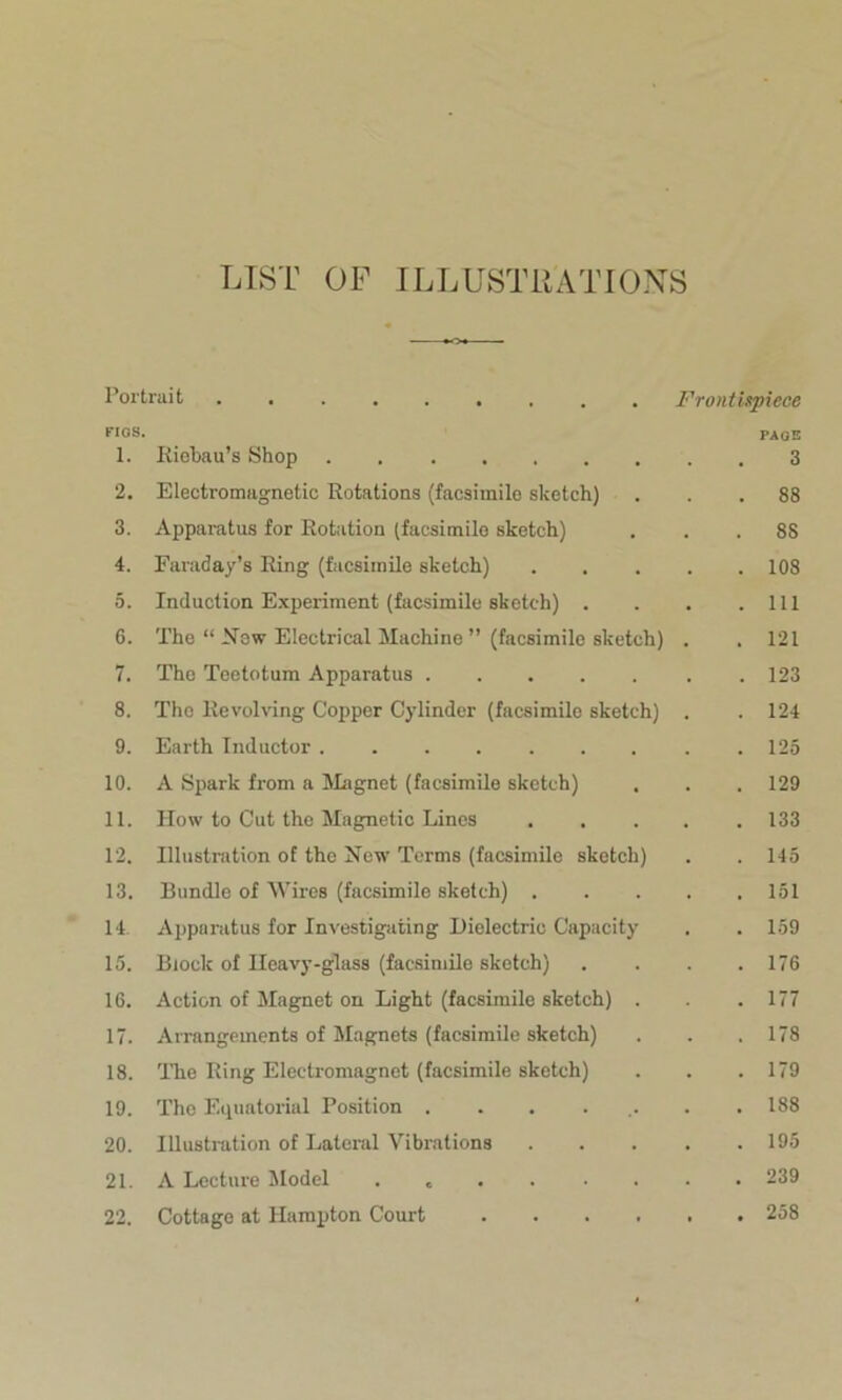 LIST OF ILLUSTRATIONS Portrait ......... Frontispiece FIGS. 1. Riebau’s Shop PAGE 3 2. Electromagnetic Rotations (facsimile sketch) 88 3. Apparatus for Rotation (facsimile sketch) 8S 4. Faraday’s Ring (facsimile sketch) 108 5. Induction Experiment (facsimile sketch) . 111 6. The “ New Electrical Machine ” (facsimile sketch) 121 7. The Teetotum Apparatus 123 8. The Revolving Copper Cylinder (facsimile sketch) 124 9. Earth Inductor 125 10. A Spark from a Magnet (facsimile sketch) 129 11. How to Cut the Magnetic Lines 133 12. Illustration of the New Terms (facsimile sketch) 145 13. Bundle of Wires (facsimile sketch) . 151 14. Apparatus for Investigating Dielectric Capacity 159 15. Block of Heavy-glass (facsimile sketch) 176 16. Action of Magnet on Light (facsimile sketch) . 177 17. Arrangements of Magnets (facsimile sketch) 178 18. The Ring Electromagnet (facsimile sketch) 179 19. The Equatorial Position . . . . .. 188 20. Illustration of Lateral Vibrations 195 21. A Lecture Model .... . . 239 22. Cottage at Hampton Court .... 258