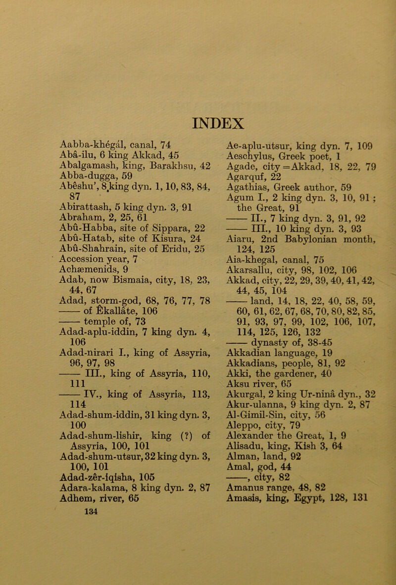 Aabba-khegal, canal, 74 Aba-ilu, 6 king Akkad, 45 Abalgamash, king, Barakhsu, 42 Abba-dugga, 59 Abeshu’, 8 king dyn. 1,10,83, 84, 87 Abirattash, 5 king dyn. 3, 91 Abraham, 2, 25, 61 Abu-Habba, site of Sippara, 22 Abu-Hatab, site of Kisitra, 24 Abu-Shahrain, site of Eridu, 25 Accession year, 7 Achsemenids, 9 Adab, now Bismaia, city, 18, 23, 44, 67 Adad, storm-god, 68, 76, 77, 78 of fikallate, 106 temple of, 73 Adad-aplu-iddin, 7 king dyn. 4, 106 Adad-nirari I., king of Assyria, 96, 97, 98 III., king of Assyria, 110, 111 IV., king of Assyria, 113, 114 Adad-shum-iddin, 31 king dyn. 3, 100 Adad-shum-lishir, king (?) of Assyria, 100, 101 Adad-shum-utsur, 32 king dyn. 3, 100, 101 Adad-z&r-iqisha, 105 Adara-kalama, 8 king dyn. 2, 87 Adhem, river, 65 134 Ae-aplu-utsur, king dyn. 7, 109 Aeschylus, Greek poet, 1 Agade, city = Akkad, 18, 22, 79 Agarquf, 22 Agathias, Greek author, 59 Agum I., 2 king dyn. 3, 10, 91 ; the Great, 91 II., 7 king dyn. 3, 91, 92 III., 10 ldng dyn. 3, 93 Aiaru, 2nd Babylonian month, 124, 125 Aia-khegal, canal, 75 Akarsallu, city, 98, 102, 106 Akkad, city, 22, 29, 39,40,41,42, 44, 45, 104 land, 14, 18, 22, 40, 58, 59, 60, 61, 62, 67, 68,70,80,82,85, 91, 93, 97, 99, 102, 106, 107, 114, 125, 126, 132 dynasty of, 38-45 Akkadian language, 19 Akkadians, people, 81, 92 Akki, the gardener, 40 Aksu river, 65 Akurgal, 2 king Ur-nina dyn., 32 Akur-ulanna, 9 king dyn. 2, 87 Al-Gimil-Sin, city, 56 Aleppo, city, 79 Alexander the Great, 1, 9 Alisadu, king, Kish 3, 64 Alman, land, 92 Amal, god, 44 , city, 82 Amanus range, 48, 82 Amasis, king, Egypt, 128, 131