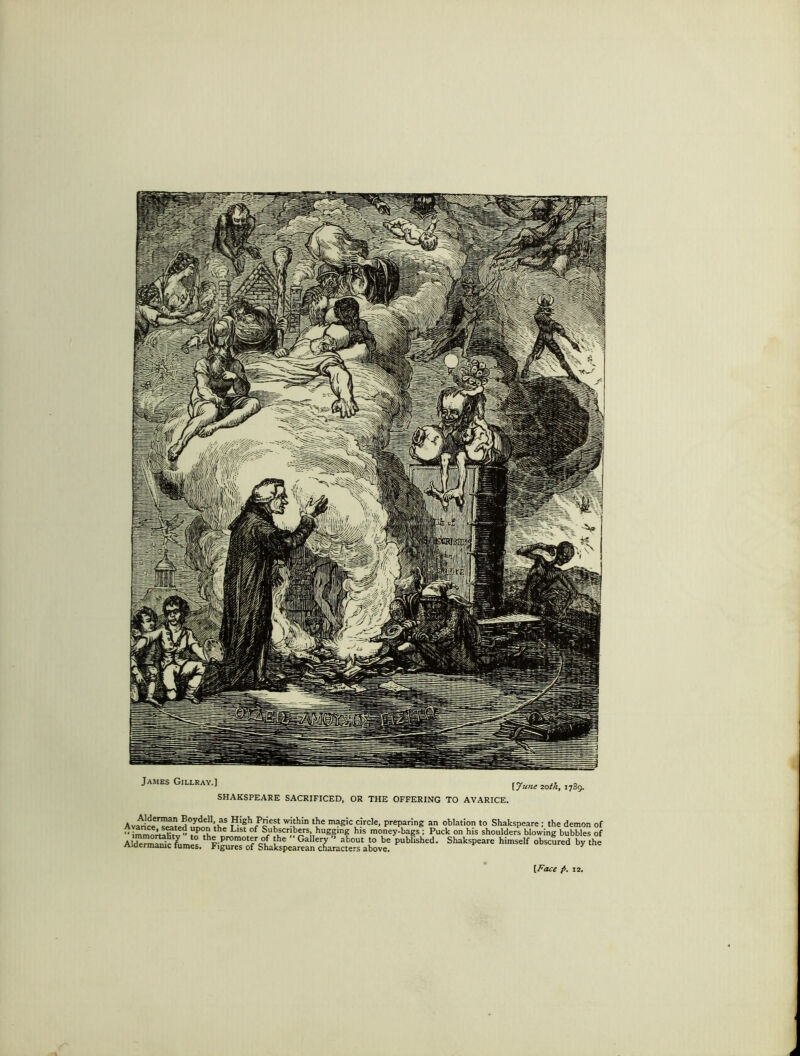 James Gillrav.] SHAKSPEARE SACRIFICED, [ June ioth, 1789. OR THE OFFERING TO AVARICE. Av>nlT« Boydell, as High Pnest within the magic circle, preparing an oblation to Shakspeare ; the demon of P°S he L’St °f Subscribers hugging his money-bags ; Puck on his shoulders blowing bubbles of AlX™^7 tbe promoter of the Gallery ” about to be published. Shakspeare himself obscured by the Aldermamc fumes. Figures of Shakspearean characters above. y