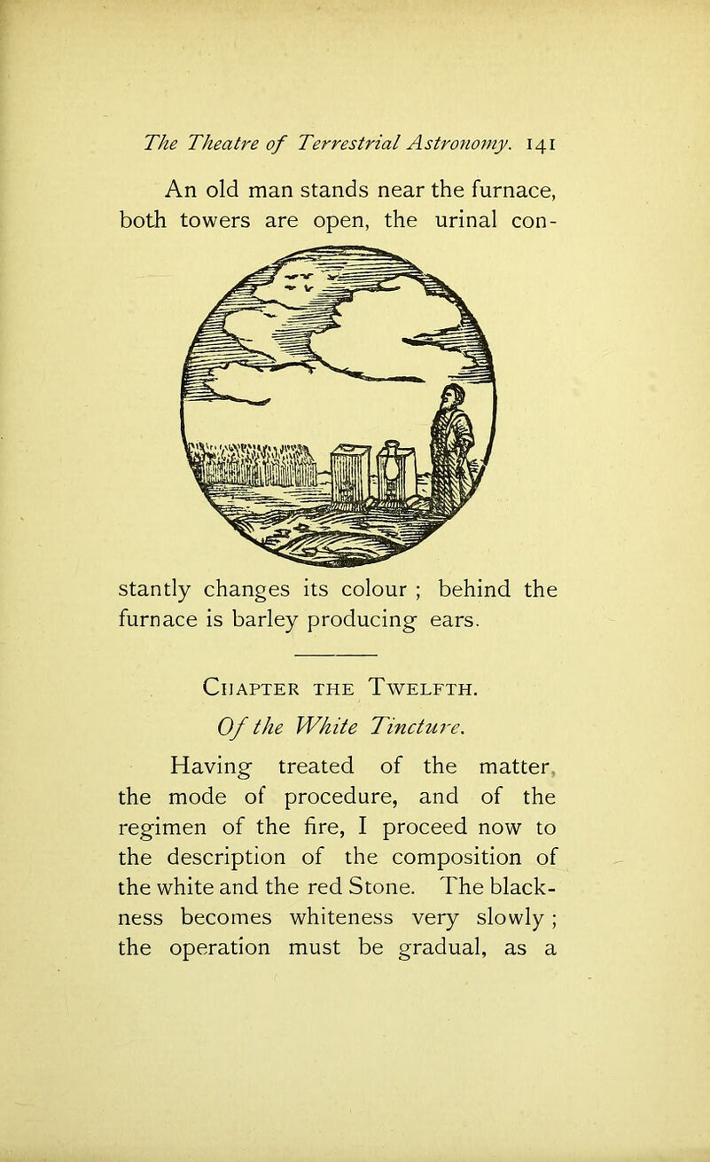 An old man stands near the furnace, both towers are open, the urinal con- stantly changes its colour ; behind the furnace is barley producing ears. Chapter the Twelfth. Of the White Tincture. Having treated of the matter, the mode of procedure, and of the regimen of the fire, I proceed now to the description of the composition of the white and the red Stone. The black- ness becomes whiteness very slowly; the operation must be gradual, as a