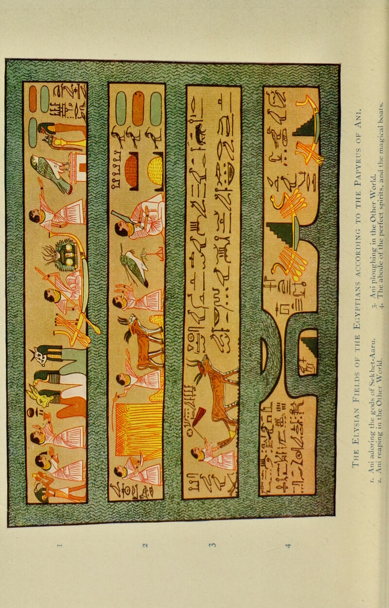 Ani adoring' the gods of Srk het-Aaru. 3. Ani ploughing in the Other World. Ani reaping in the Other World. 4. The abode of the perfect spirits, and the magical boats.