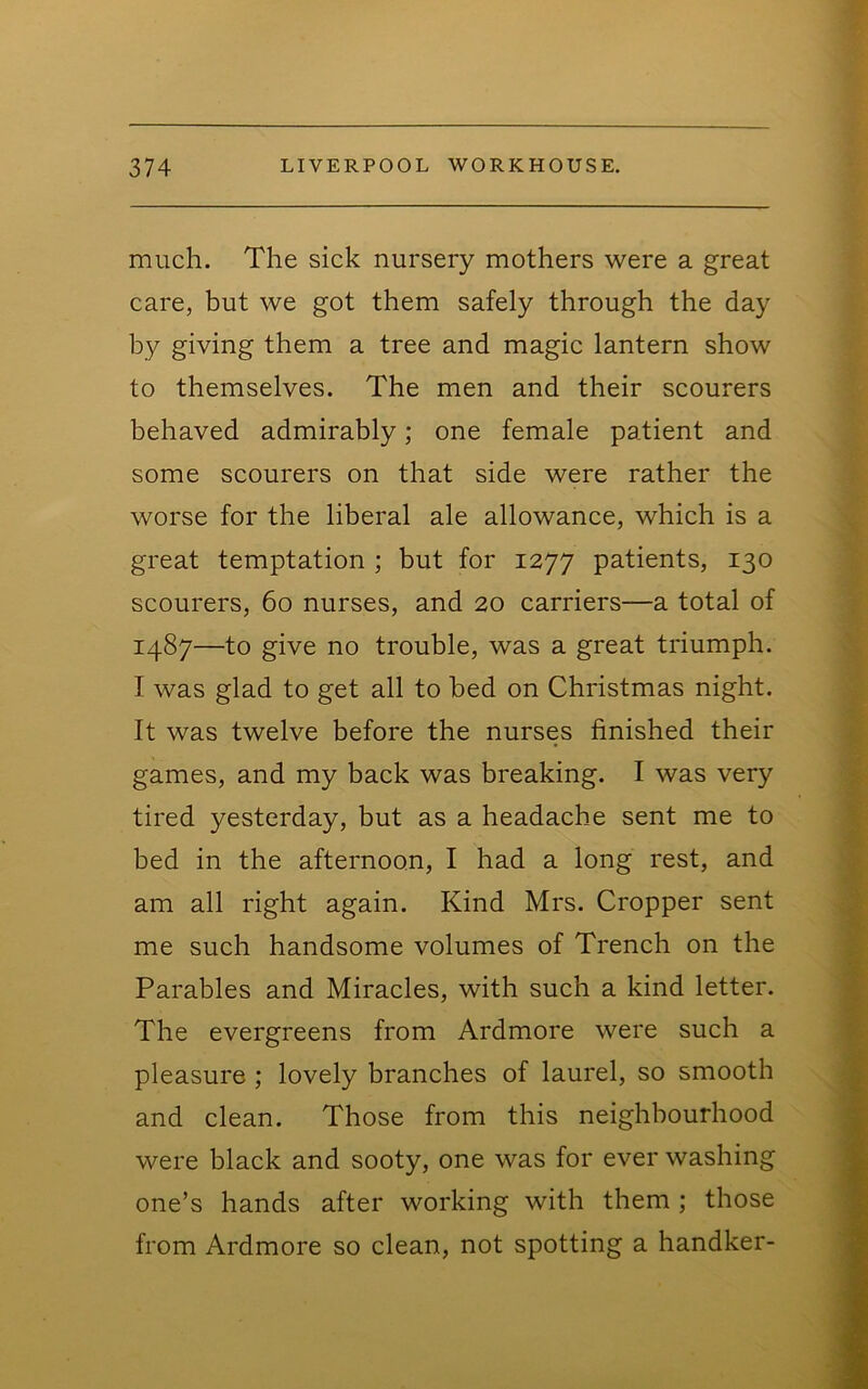 much. The sick nursery mothers were a great care, but we got them safely through the day by giving them a tree and magic lantern show to themselves. The men and their scourers behaved admirably; one female patient and some scourers on that side were rather the worse for the liberal ale allowance, which is a great temptation ; but for 1277 patients, 130 scourers, 60 nurses, and 20 carriers—a total of 1487—to give no trouble, was a great triumph. I was glad to get all to bed on Christmas night. It was twelve before the nurses finished their games, and my back was breaking. I was very tired yesterday, but as a headache sent me to bed in the afternoon, I had a long rest, and am all right again. Kind Mrs. Cropper sent me such handsome volumes of Trench on the Parables and Miracles, with such a kind letter. The evergreens from Ardmore were such a pleasure ; lovely branches of laurel, so smooth and clean. Those from this neighbourhood were black and sooty, one was for ever washing one’s hands after working with them ; those from Ardmore so clean, not spotting a handker-