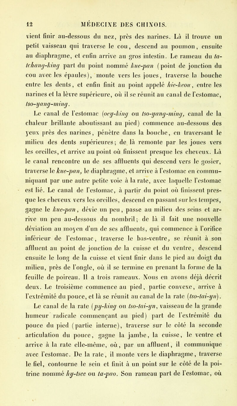 vient finir au-dessous du nez, près des narines. Là il trouve un petit vaisseau qui traverse le cou, descend au poumon, ensuite au diaphragme, et enfin arrive au gros intestin. Le rameau du ta- ie hang-king part du point nommé kue-pan (point de jonction du cou avec les épaules), monte vers les joues, traverse la bouche entre les dents, et enfin finit au point appelé hie-keou, entre les narines et la lèvre supérieure, où il se réunit au canal de l’estomac, tso-yang-ming. Le canal de l’estomac [oey-king ou tso-yang-ming, canal de la chaleur brillante aboutissant au pied) commence au-dessous des yeux près des narines, pénètre dans la bouche, en traversant le milieu des dents supérieures; de là remonte par les joues vers les oreilles, et arrive au point où finissent presque les cheveux. Là le canal rencontre un de ses affluents qui descend vers le gosier, traverse le kue-pan, le diaphragme, et arrive à l’estomac en commu- niquant par une autre petite voie à la rate, avec laquelle l’estomac est lié. Le canal de l’estomac, à partir du point où finissent pres- que les cheveux vers les oreilles, descend en passant sur les tempes, gagne le kue-pan, dévie un peu, passe au milieu des seins et ar- rive un peu au-dessous du nombril; de là il fait une nouvelle déviation au moyen d’un de ses affluents, qui commence à l’orifice inférieur de l’estomac, traverse le bas-ventre, se réunit à son affluent au point de jonction de la cuisse et du ventre, descend ensuite le long de la cuisse et vient finir dans le pied au doigt du milieu, près de l’ongle, où il se termine en prenant la forme de la feuille de poireau. Il a trois rameaux. Nous en avons déjà décrit deux. Le troisième commence au pied, partie convexe, arrive à l’extrémité du pouce, et là se réunit au canal de la rate [tso-tai-yn). Le canal de la rate (py-king ou tso-tai-yn, vaisseau de la grande humeur radicale commençant au pied) part de l’extrémité du pouce du pied (partie interne), traverse sur le côté la seconde articulation du pouce, gagne la jambe, la cuisse, le ventre et arrive à la rate elle-même, où, par un affluent, il communique avec l’estomac. De la rate, il monte vers le diaphragme, traverse le fiel, contourne le sein et finit à un point sur le côté de la poi- trine nommé hy-tsee ou ta-pao. Son rameau part de l’estomac, où