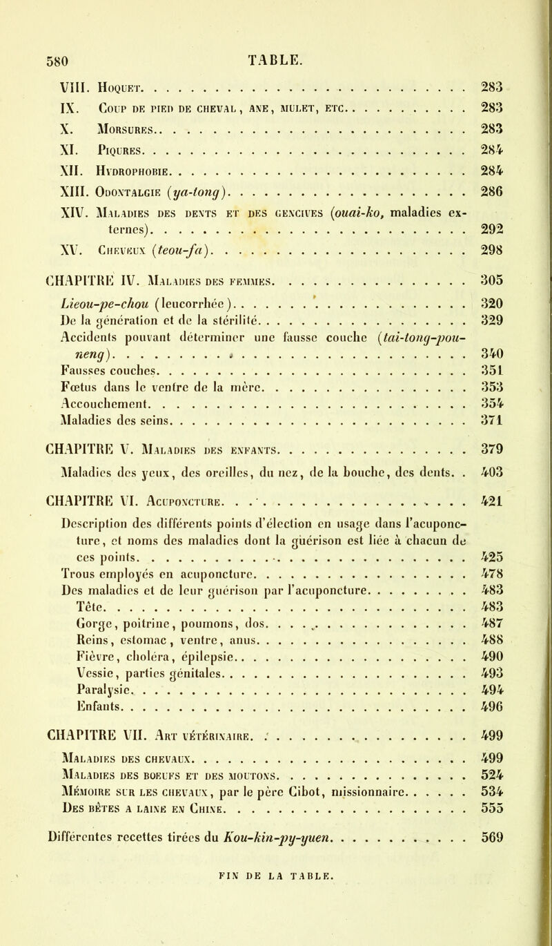 VIII. Hoquet 283 IX. Coup de pied de cheval, ane, mulet, etc 283 X. Morsures 283 XI. Piqûres 284 XII. Hydrophobie 284 XIII. Odontalgie (ya-tong) 286 XIV. Maladies des dents et des gencives (ouai-ko, maladies ex- ternes) 292 XV. Cheveux (teou-fa) 298 CHAPITRE IV. Maladies des femmes 305 Lieou-pe-chou (leucorrhée) 320 De la génération et de la stérilité 329 Accidents pouvant déterminer une fausse couche (tai-tong-pou- neng) « 340 Fausses couches 351 Fœtus dans le ventre de la mère 353 Accouchement 354 Maladies des seins 371 CHAPITRE V. Maladies des enfants 379 Maladies des yeux, des oreilles, du nez, de la bouche, des dents. . 403 CHAPITRE VI. Acuponcture. . 421 Description des différents points d’élection en usage dans l’acuponc- ture, et noms des maladies dont la guérison est liée à chacun de ces points 425 Trous employés en acuponcture 478 Des maladies et de leur guérison par l’acuponcture 483 Tête 483 Gorge, poitrine, poumons, dos. . . . , 487 Reins, estomac, ventre, anus 488 Fièvre, choléra, épilepsie 490 Vessie, parties génitales 493 Paralysie 494 Enfants 496 CHAPITRE VII. Art vétérinaire. 499 Maladies des chevaux 499 Maladies des boeufs et des moutons 524 Mémoire sur les chevaux, par le père Cibot, missionnaire. . .... 534 Des bêtes a laine en Chine 555 Différentes recettes tirées du Kou-kin-py-yuen 569 FIN DE LA TABLE.