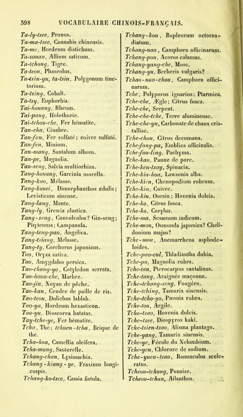 Ta-ly-tsee, Prunus. Ta-ma-tsee, Cannabis cliinensis. Ta-me, Hordeum distichum. Ta-souaii, Allium sativum. Ta-tchong, Tigre. Ta-teou, Pbaseolus. Ta-isin-yu, ta-tsin, Polygonum tinc- torium. Ta-tsin g, Cobalt. Ta-tsy, Euphorbia. Tai-houang, Rlieum. Tai-pang, Holothurie. Tai-tchou-che, Fer hématite. Tan-cha, Cinabre. Tan-fan, Fer sulfaté; cuivre sulfaté. Tan-fen, Minium. Tan-mang, Santalum album. Tan-pe, Magnolia. Tan-seng, Salvia multiorhiza. Tang-houang, Garcinia morella. Tang-kao, Mélasse. Tang-kouei, Dimorphanthus edulis; Levisticum sinense. Tang-lang, Mante. Tang-ly, Grewia elastica. Tang-seng, Convolvulus? Gin-seng; Phyteuma; Campanula. Tang-teng-pao, Angelica. Tang-tsiang, Mélasse. Tang-ty, Corchorus japonicus. Tao, Oryza saliva. Tao, Amygdalus persica. Tao-chang-yo, Cotylédon serrata. Tao-houa-c/ie, Marbre. Tao-jin, Noyau de pêche. Tao-kan, Cendre de paille de riz. Tao-teou, Dolichos lablab. Tao-ya, Hordeum hexasticon. Tao-yu, Dioscorea batatas. Tay-tclie-ye, Fer hématite. Tcha,'ïhé; tchuen-tcha, Brique de thé. Tcha-hoa, Camellia oleifera. Tclia-mong, Sauterelle. Tchang-chan, Lysimachia. Tchang - kiang - ye, Fraxinus longi- cuspis. Tchang-ko-tsee, Cassia fistula. Tchang -kou , Bupleurum octoera- diatum. Tchang-nao, Camphora officinarum. Tchang-pou, Acorus calamus. Tchang-yang-che, Musc. Tchang-yu, Berberis vulgaris? Tcliao-nao-chou, Camphora offici- narum. Tche, Polyporus ignarius; Ptarmica. Tche-che, Ægle ; Citrus fusca. Tclie-clie, Serpent. Tche-clie-tche, Terre alumineuse. Tche-che-yn, Carbonate de chaux cris- tallisé. Tche-chou, Citrus decumana. Tche-fong-pa, Emblica officinalis. Tche-fou-ling, Pachyma. Tclie-kao, Panne de porc. Tclie-ken-tsay, Spinacia. Tche-kia-hoa, Lawsonia alba. Tche-kien, Chenopodium rubrum. Tclie-kin, Cuivre. Tche-kiu, Oursin; Hovenia dulcis. Tclie-ko, Citrus fusca. Tche-ko, Corylus. Tche-ma, Sesamum indicum. Tche-mou, Osmunda japonica? Cheli- donium majus? Tche-mou, Anemarrhena asphode- loides. Tche-pao-eul, Thladiantha dubia. Tche-po, Magnolia rubra. Tche-tan, Pterocarpus santalinus. Tche-tang, Araignée maçonne. Tche-tchang-seng, Fougère. Tche-tching, Tamarix sinensis. Tche-tcho-yo, Pæonia rubra. Tche-tou, Argile. Tche-tsao, Hovenia dulcis. Tche-tsee, Diospyros kaki. Tche-tsien-tsao, Alisma plantago. Tche-yang, Tamarix sinensis. Tclie-ye, Fécule du Nelumbium. Tclie-yen, Chlorure de sodium, Tche-yuen-tsao, Ranunculus scele-r ratus. ITcheou-tchong, Punaise. Tcheou-tchun, Ailanthus.