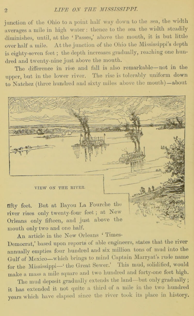 junction of the Ohio to a point half way clown to the sea, the width averages a mile in high water : thence to the sea the width steadily diminishes, until, at the ‘ Passes,’ above the mouth, it is but little over half a mile. At the junction of the Ohio the Mississippi’s depth is eighty-seven feet; the depth increases gradually, reaching one hun- dred and twenty-nine just above the mouth. The difference in rise and fall is also remarkable—not in the upper, but in the lower river. The rise is tolerably uniform down to Natchez (three hundred and sixty miles above the mouth)—about VIEW ON THE RIVER. fty feet. But at Bayou La Fourche the iver rises only twenty-four feet\ at New )rleans only fifteen, and just above the oouth only two and one half. An article in the New Orleans ‘ Times- Democrat,’ based upon reports of able engineers, states that the river annually empties four hundred and six million tons of mud into the Gulf of Mexico which brings to mind Captain Marryat’s rude name for the Mississippi—‘ the Great Sewer.’ This mud, solidified, would make a mass a mile square and two hundred and forty-one feet high. The mud deposit gradually extends the land—but only gradually ; it has extended it not quite a third of a mile in the two hundred years which have elapsed since the river took its place in history.