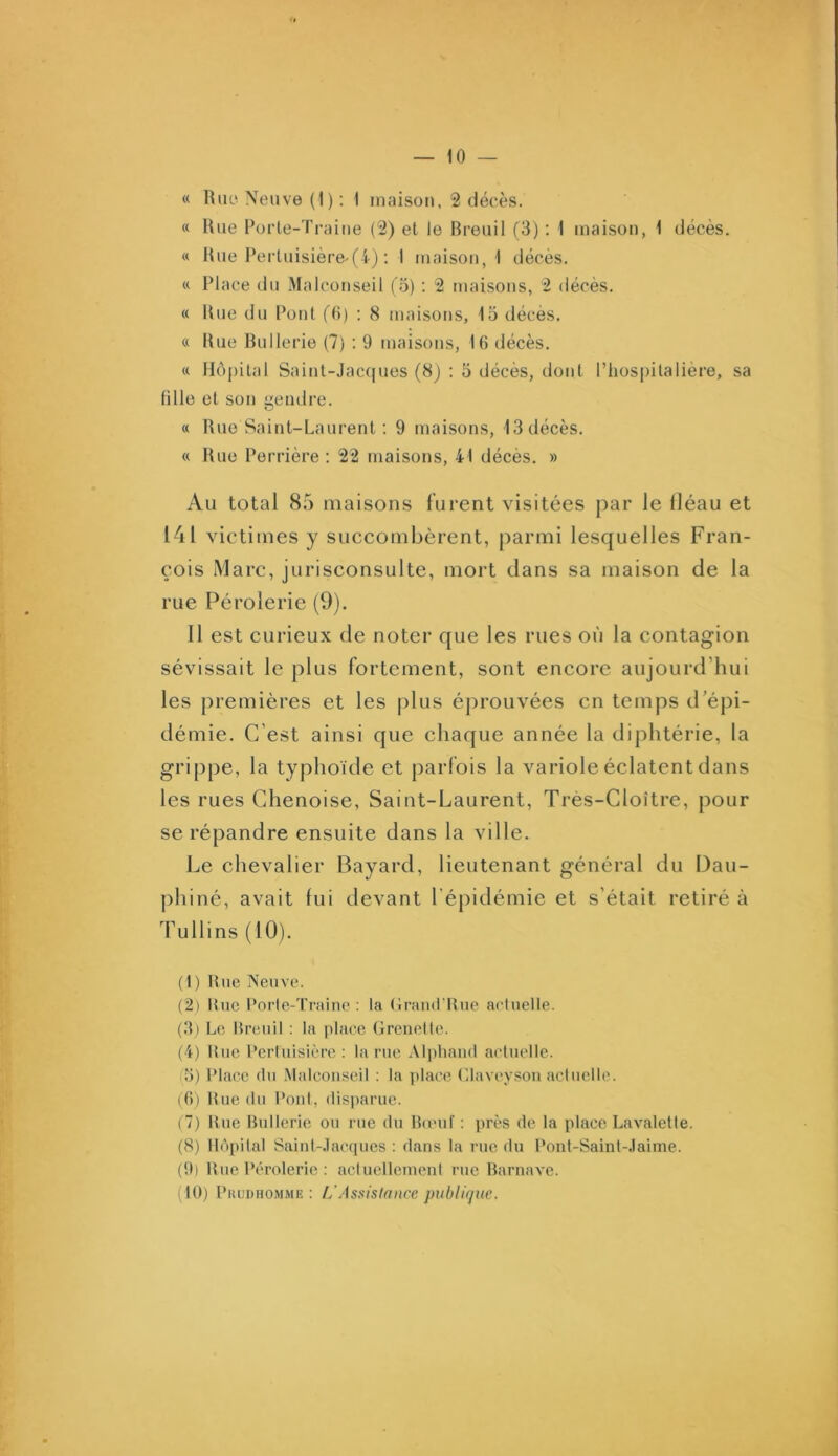 — 10 — « Rue Neuve (I) ; 1 maison, 2 décès. « Rue Forte-Ti-aiiie (2) et le Breuil (3) ; 1 maison, 1 décès. « Rue Perluisière'(i) ; 1 maison, 1 décès. « Place du Malconseil (3) : 2 maisons, 2 décès. « Rue du Pont fO) : 8 maisons, 13 décès. « Rue Rullerie (7) ; 9 maisons, 16 décès. « Hôpital Saint-Jacques (8) ; 3 décès, dont Pliospitalière, sa fille et son gendre. « Rue Saint-Laurent ; 9 maisons, 13 décès. « Rue Perrière : 22 maisons, 41 décès. » Au total 85 maisons furent visitées par le fléau et 141 victimes y succombèrent, parmi lesquelles Fran- çois Marc, jurisconsulte, mort clans sa maison de la rue Pérolerie (9). Il est curieux de noter que les rues où la contagion sévissait le plus fortement, sont encore aujourd’hui les premières et les plus éprouvées en temps d’épi- démie. C’est ainsi que chaque année la diphtérie, la grippe, la typhoïde et parfois la variole éclatent dans les rues Ghenoise, Saint-Laurent, Très-Cloître, pour se répandre ensuite dans la ville. Le chevalier Bayard, lieutenant général du Dau- phiné, avait fui devant l’épidémie et s’était retiré à Tullins (10). (1) Rue Neuve. (2) Rue Porle-'rraine : la (Irand'Rue actuelle. (3) Le Rreuil : la place Grenelle. (4) Rue Perluisière; la rue .Mpliaud acluelle. (3) Place du .Vlalcouseil : la ]dace Glaveysou acluelle. (6) Rue du Pont, dis])arue. (7) Rue Rullerie ou rue du Ricuf : près de la place Lavaletle. (8) llnpilal Sainl-.lacciues : dans la rue du Pont-Saint-.laime. (9) Rue Pérolerie : aciuclleuieni rue RarnaA’C.
