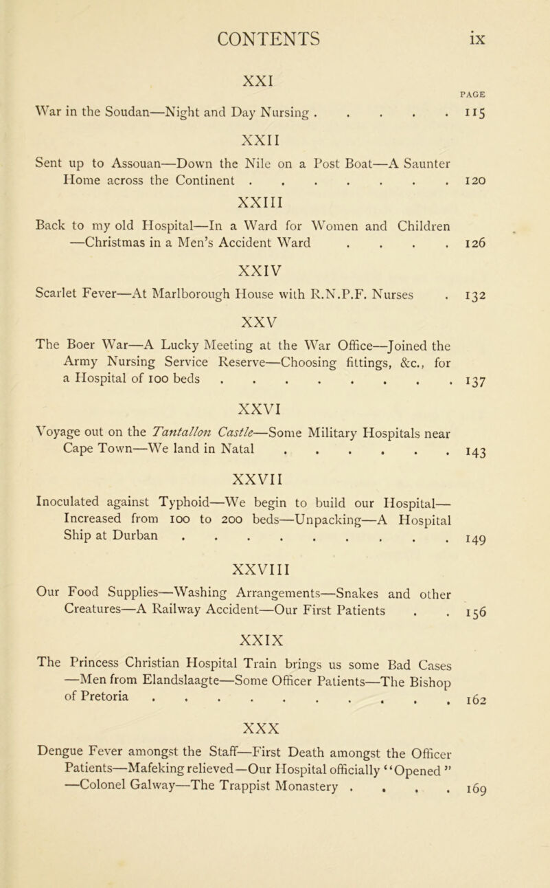 XXI War in the Soudan—Night and Day Nursing ..... XXII Sent up to Assouan—Down the Nile on a Post Boat—A Saunter Home across the Continent ....... XXIII Back to my old Hospital—In a Ward for Women and Children —Christmas in a Men’s Accident Ward .... XXIV Scarlet Fever—At Marlborough House with R.N.P.F. Nurses XXV The Boer War—A Lucky Meeting at the War Office—Joined the Army Nursing Service Reserve—Choosing fittings, &c., for a Hospital of ioo beds XXVI Voyage out on the Tantallon Castle—Some Military Hospitals near Cape Town—We land in Natal XXVII Inoculated against Typhoid—We begin to build our Hospital— Increased from ioo to 200 beds—Unpacking—A Hospital Ship at Durban XXVIII Our Food Supplies—Washing Arrangements—Snakes and other Creatures—A Railway Accident—Our First Patients XXIX The Princess Christian Hospital Train brings us some Bad Cases —Men from Elandslaagte—Some Officer Patients—The Bishop of Pretoria XXX Dengue Fever amongst the Staff—First Death amongst the Officer Patients—Mafekingrelieved—Our Hospital officially “Opened ” —Colonel Galway—The Trappist Monastery . PAGE 115 120 126 132 137 143 149 156 162 169