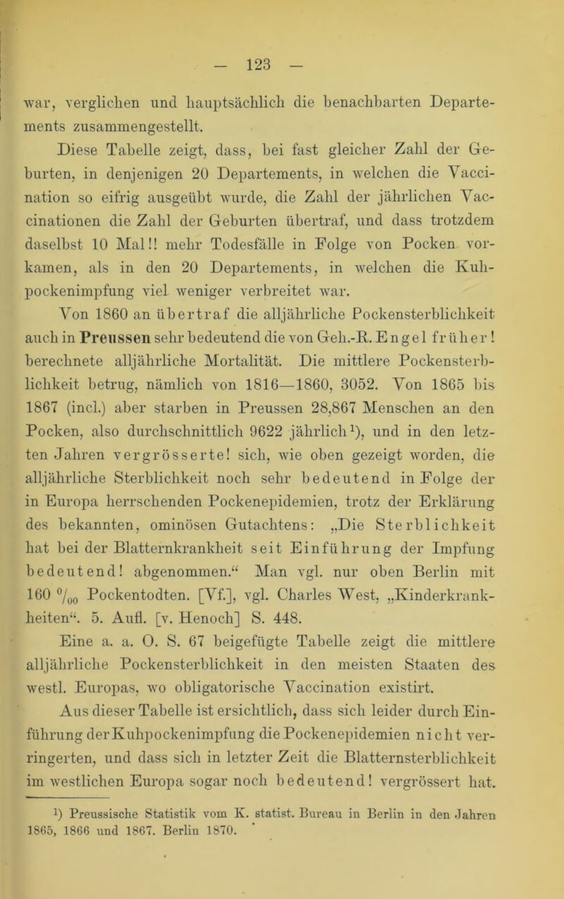 war, verglichen und hauptsächlich die benachbarten Departe- ments zusammengestellt. Diese Tabelle zeigt, dass, hei fast gleicher Zahl der Ge- burten, in denjenigen 20 Departements, in welchen die Vacci- nation so eifrig ausgeüht Avurde, die Zahl der jährlichen Vac- cinationen die Zahl der Gehurten übertraf, und dass trotzdem daselbst 10 Mal!! mehr Todesfälle in Folge von Pocken vor- kamen, als in den 20 Departements, in Avelchen die Kuh- pockenimpfung viel weniger verbreitet Avar. Von 1860 an üb er traf die alljährliche Pockensterblichkeit auch in Preiissen sehr bedeutend die von Geh.-K. Engel f r ü h e r! berechnete alljährliche Mortalität. Die mittlere Pockensterb- lichkeit betrug, nämlich von 1816—1860, 3052. Von 1865 bis 1867 (incl.) aber starben in Preussen 28,867 Menschen an den Pocken, also durchschnittlich 9622 jährlich^), und in den letz- ten Jahren vergrösserte! sich, Avie oben gezeigt Avorden, die alljährliche Sterblichkeit noch sehr bedeutend in Folge der in Europa herrschenden Pockenepidemien, trotz der Erklärung des bekannten, ominösen Gutachtens: „Die Sterblichkeit hat bei der Blatternkrankheit seit Einführung der Impfung bedeutend! abgenommen.“ Man vgl. nur oben Berlin mit 160 ®/oo Pockentodten. [Vf.], vgl. Charles West, „Kinderkrank- heiten“. 5. Aufl. [v. Henoch] S. 448. Eine a. a. 0. S. 67 beigefügte Tabelle zeigt die mittlere alljährliche Pockensterblichkeit in den meisten Staaten des Avestl. Europas, avo obligatorische Yaccination existirt. Aus dieser Tabelle ist ersichtlich, dass sich leider durch Ein- führung derKuhpockenimpfung die Pockenepidemien nicht ver- ringerten, und dass sich in letzter Zeit die Blatternsterblichkeit im Avestlichen Europa sogar noch bedeutend! A’ergrössert hat. 0 Preussische Statistik vom K. statist. Bureau in Berlin in den Jahren 1865, 1866 imd 1867. Berlin 1870.