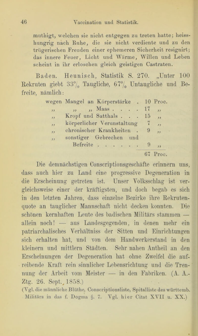 muthigtj welchen sie nicht entgegen zu treten hatte; heiss- hungrig nach Ruhe, die sie nicht verdiente und zu den trügerischen Freuden einer ephemeren Sicherheit resignirt; das innere Feuer, Licht und Warme, Willen und Leben scheint in ihr erloschen gleich geistigen Castraten. Baden. Heimisch, Statistik S. 270. „Unter 100 Rekruten gielit 337o Taugliche, 677o Untaugliche und Be- freite, nämlich: wegen Mangel an Körperstärke ,, ,, ,, INI aas. . . . ,, Kropf und Satthals . ,, körperlicher Verunstaltung ,, chronischer Krankheiten ,, sonstiger Gebrechen und Befreite 10 Proc. n „ 15 „ 9 „ 9 „ 67 Proc. Die demnächstigen Conscriptionsgescliäfte erinnern uns, dass auch hier zu Land eine progressive Degeneration in die Erscheinung getreten ist. Unser Volksschlag ist ver- gleichsweise einer der kräftigsten, und doch liegab es sich in den letzten Jahren, dass einzelne Bezirke ihre Rekruten- ipiote an tauglicher Mannschaft nicht decken konnten. Die schönen kernhaften Leute des badischen Militärs stammen — allein noch! — aus Landesgegenden, in denen mehr ein patriarchalisches Vorhältniss der Sitten und Einrichtungen sich erhalten hat, und von dem Handiverkorstand in den kleinern und mittlern Städten. Sehr nahen Antheil an den Erscheinungen der Degeneration hat ohne Zweifel die auf- reibende Kraft rein sinnlicher Lehensrichtung und die Tren- nung der Arbeit vom Meister — in den Fabriken. (A. A.- Ztg. 26. Sept.^ 1858.) ■ . (Vgl. die miiunliclie Blüthe, Conscriptionsliste, Spitalliste des württemh. Militärs in das f. Dogma §. 7. Vgl. hier Citat XVII u. XX.)