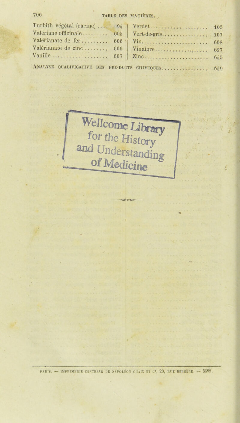 70(5 Turbith végétal (racine) ... 0/i Verdet. Valériane officinale 605 Vert-de-gris Valéfianate de fer G06 Vin Valérianate de zinc GOG Vinaigre 627 Vanille 607 Zinc. Analyse qualificative des PRO DU I TS CHIMIQUES Wellcome Ubaay for the History and Understandias ££Medicine PARIS. — IMPRIMERIE CENTRA'C MB NAPOLÉON CHAIN ET C». 20, RUE UER6ÈRB — 5G*S.