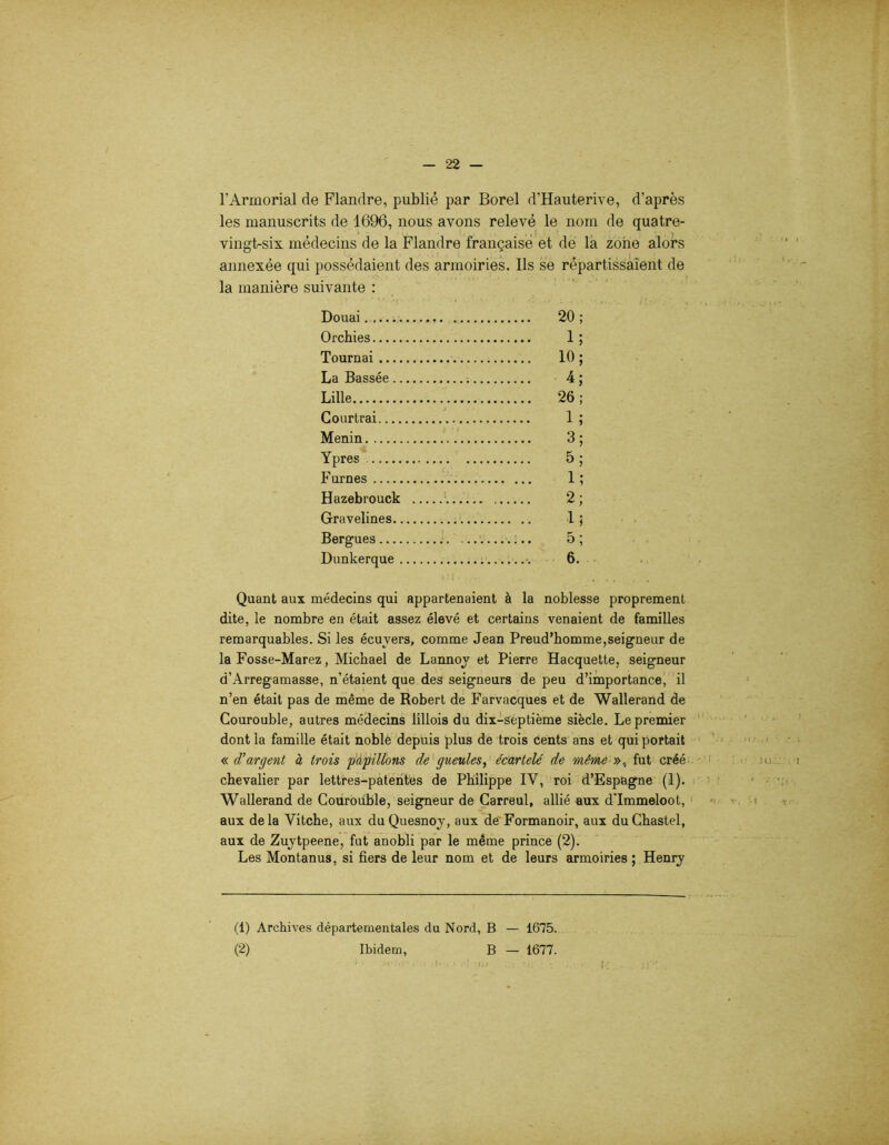 l’Armorial de Flandre, publié par Borel d’Hauterive, d’après les manuscrits de 1696, nous avons relevé le nom de quatre- vingt-six médecins de la Flandre française et de la zone alors annexée qui possédaient des armoiries. Ils se répartissaient de la manière suivante : Douai....; 20; Orchies 1 ; Tournai 10 ; La Bassée 4 ; Lille 26 ; Courtrai 1 ; Menin 3 ; Ypres 5 ; Fûmes 1 ; Hazebrouck 2; Gravelines 1 ; Bergues 5 ; Dunkerque •. 6. Quant aux médecins qui appartenaient à la noblesse proprement dite, le nombre en était assez élevé et certains venaient de familles remarquables. Si les écuyers, comme Jean Preud’homme,seigneur de la Fosse-Marez, Michael de Lannoy et Pierre Hacquette, seigneur d’Arregamasse, n’étaient que des seigneurs de peu d’importance, il n’en était pas de même de Robert de Farvacques et de Wallerand de Courouble, autres médecins lillois du dix-septième siècle. Le premier dont la famille était noble depuis plus de trois cents ans et qui portait «d’argent à trois papillons de gueules, écartelé de même », fut créé chevalier par lettres-patentes de Philippe IY, roi d’Espagne (1). Wallerand de Courouble, seigneur de Carreul, allié aux d'Immeloot, aux delà Yitche, aux duQuesnoy, aux de Formanoir, aux duChastel, aux de Zuytpeene, fut anobli par le même prince (2). Les Montanus, si fiers de leur nom et de leurs armoiries ; Henry (1) Archives départementales du Nord, B — 1675. (2) Ibidem, B - 1677.