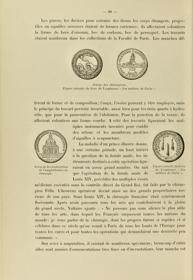 L('s pinces, les daviers pour exli-aire des tissus les corps étrangers, projec- tiles ou aiguilles osseuses étaient de formes curieuses; ils atfectaieut volontiers la forme de becs d'oiseaux, bec de corljeau, bec de perrorpiel. Les trocarts étaient nombreux dans les collections de la Faculté de Paris. Les manches dif- JeLons des cliirurgicns. Fi;;urc extraite du livre de Lespinassc « Les méliers de Pnris ». forent de forme et de composition; l’onyx, Fivoire peuvent y être employés, mais le principe du trocart persiste invariable, aussi bien pour les trois quarts à hydro- cèle, que pour la paracentèse de l’abdomen. Pour la ponction de la vessie, ils aflectent volontiers une forme courbe. A côté des trocarts figuraient les mul- tiples instruments inventés pour établir des sétons et les mombreux modèles d’aiguilles à acupuncture. La maladie d’un prince illustre donna, à une certaine période, un haut intérêt à ta question de la fistule anale, les in- struments destinés à cette opération figu- Jeton de la conslriiclion de rampliilhéàlrc de raient en assez grand nombre. On sait du rurale. Fiaure extraile du Ii\ re de Lespiuasse « Les métiers de Paris ». que l’opération de la fistule anale de Louis XIV, précédée des multiples essais médicaux exécutés sous le contrôle direct du Grand Loi, fut faite par le chirur- gien Félix. L’heureux opérateur devint ainsi un des grands propriétaires ter- riens de son pays. Sous Louis XIV, la chirurgie française était extrêmement ilorissante. Après avoir parcouru tous les arts qui contribuèrent à la gloire du grand siècle, Voltaire ajoute ; « Ne passons pas sous silence le plus utile de tous les arts, dans lequel les Français surpassent loules les nations du monde; je veux parler de la chirurgie, dont les progrès furenl si rapides et si célèbres dans ce siècle (pfon venait à Pai'is de tous les bouts de l’Europe pour toutes les cures et pour toutes les opérations qui demandaient une dextérité peu connnnne. » Des scies à amputation, il existait de nombreux spécimens; beaucoup d’entre elles sont munies d’ornementations très fines ou d’inciaistations, leur manche est