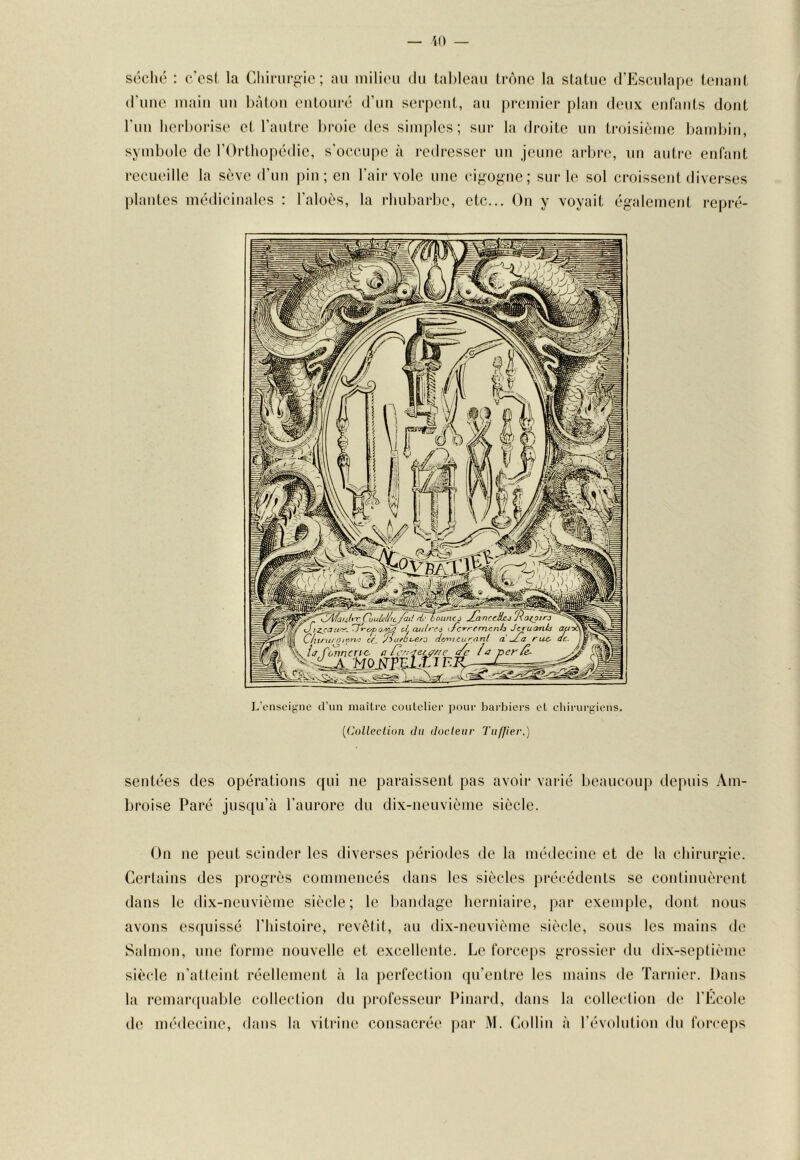 10 — séché : c'est la Cliinir^ie ; au luilieii du tableau tronc la statue d’Esculape tenant d'une main un bâton eutoui'é d'un serpent, au pi'einier plan deux enfaids dont l'iin herborise et l’autre broie des simples; sur la droite un troisième bambiti, symbole de l’Orthopédie, s’occupe à redresser un jeune arbre, un autre enfant recueille la sève d’un pin; en l’air vole une (‘i^>-ogne ; sur le sol croissent diverses plantes médicinales : l’aloès, la rhubarbe, etc... On y voyait également repré- L’enscij;ne d’un maître coutelier pour barlsiers et cliirurjtiens. {Collection du docteur Tuffier.) sentées des opérations qui ne paraissent pas avoir varié beaucoup depuis Am- broise Paré jusqu’à l’aurore du dix-neuvième siècle. On ne peut scinder les diverses périodes de la médecine et de la chirurgie. Certains des progrès commencés dans les siècles précédents se continuèrent dans le dix-nenvième siècle; le bandage herniaire, par exemple, dont nous avons estjuissé l’histoire, l'evôlit, au dix-neuvième siècle, sous les mains île Salmon, une forme nouvelle et excellente. Le forceps grossier du dix-septième siècle n’aticint réellement à la perfection qu’entre les mains de Tarnier. Dans la rcmanpiable collection du professeur Ibnard, dans la collection de l'Ecole de médecine, dans la vitrine consacrée |>ar M. Collin à l'évolution du forceps