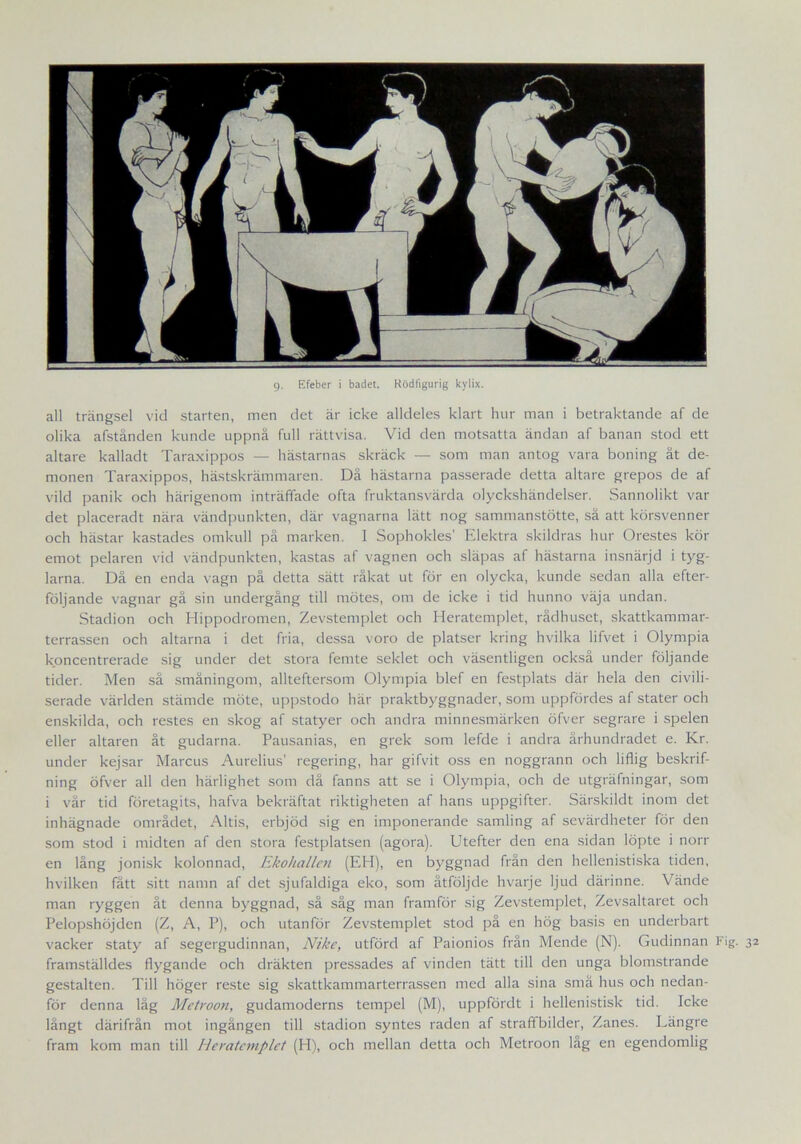 olika afstånden kunde uppnå full rättvisa. Vid den motsatta ändan af banan stod ett altare kalladt Taraxippos — hästarnas skräck — som man antog vara boning åt de- monen Taraxippos, hästskrämmaren. Då hästarna passerade detta altare grepos de af vild panik och härigenom inträffade ofta fruktansvärda olyckshändelser. Sannolikt var det placeradt nära vändpunkten, där vagnarna lätt nog sammanstötte, så att körsvenner och hästar kastades omkull på marken. 1 Sophokles’ Elektra skildras hur Orestes kör emot pelaren vid vändpunkten, kastas af vagnen och släpas af hästarna insnärjd i tyg- larna. Då en enda vagn på detta sätt råkat ut för en olycka, kunde sedan alla efter- följande vagnar gå sin undergång till mötes, om de icke i tid hunno väja undan. Stadion och Hippodromen, Zevstemplet och Heratemplet, rådhuset, skattkammar- terrassen och altarna i det fria, dessa voro de platser kring hvilka lifvet i Olympia koncentrerade sig under det stora femte seklet och väsentligen också under följande tider. Men så småningom, allteftersom Olympia blef en festplats där hela den civili- serade världen stämde möte, uppstodo här praktbyggnader, som uppfördes af stater och enskilda, och restes en skog af statyer och andra minnesmärken öfver segrare i spelen eller altaren åt gudarna. Pausanias, en grek som lefde i andra århundradet e. Kr. under kejsar Marcus Aurelius’ regering, har gifvit oss en noggrann och liflig beskrif- ning öfver all den härlighet som då fanns att se i Olympia, och de utgräfningar, som i vår tid företagits, hafva bekräftat riktigheten af hans uppgifter. Särskildt inom det inhägnade området, Altis, erbjöd sig en imponerande samling af sevärdheter för den som stod i midten af den stora festplatsen (agora). Utefter den ena sidan löpte i norr en lång jonisk kolonnad, Ekohallen (EH), en byggnad från den hellenistiska tiden, hvilken fatt sitt namn af det sjufaldiga eko, som åtföljde hvarje ljud därinne. Vände man ryggen åt denna byggnad, så såg man framför sig Zevstemplet, Zevsaltaret och Pelopshöjden (Z, A, P), och utanför Zevstemplet stod på en hög basis en underbart vacker staty af segergudinnan, Nike, utförd af Paionios från Mende (N). Gudinnan Fig. 32 framställdes flygande och dräkten pressades af vinden tätt till den unga blomstrande gestalten. Till höger reste sig skattkammarterrassen med alla sina små hus och nedan- för denna låg Metroon, gudamoderns tempel (M), uppfördt i hellenistisk tid. Icke långt därifrån mot ingången till stadion syntes raden af straffbilder, Zanes. Längre fram kom man till Heratemplet (H), och mellan detta och Metroon låg en egendomlig