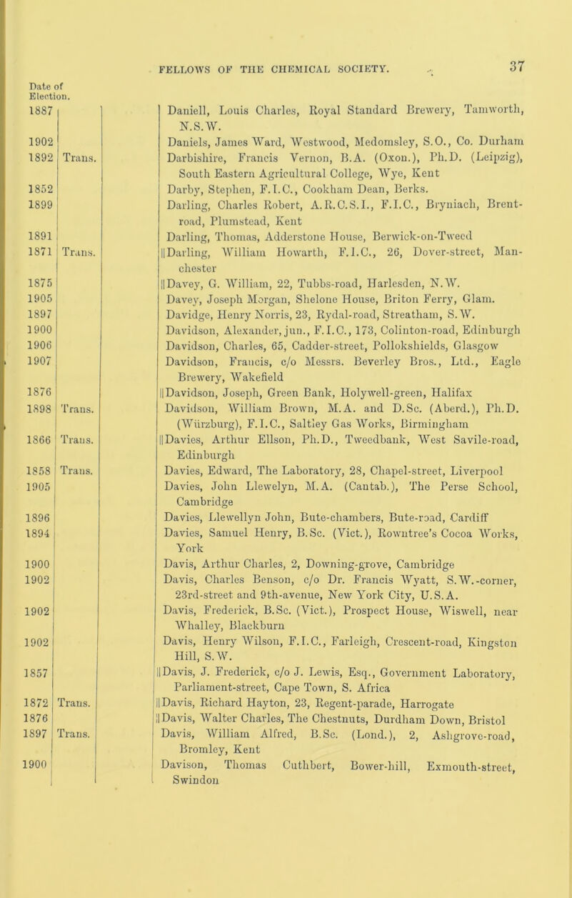 Election. 1887 FELLOWS OF THE CHEMICAL SOCIETY. 37 Tr;ui.s. Trails. 1902 1892 1852 1899 1891 1871 1875 1905 1897 1900 1906 1907 1876 1898 Trans. 1866 ^ Trans. Trans. 1858 1905 1896 1894 I 1900 i 1902 i 1902 1902 1857 1872 Trans. 1876 1897 j Trans. 1900 Daniell, Louis Charles, Royal Standard Brewery, Tamworth, N.S.W. Daniels, James Ward, Westwood, Medomsley, S.O., Co. Durham Darbishire, Francis Vernon, B.A. (Oxou.), Ph.D. (Leipzig), South Eastern Agricultural College, Wye, Kent Darby, Stephen, F. l.C., Cookham Dean, Berks. Darling, Charles Robert, A.R.C.S.L, F.I.C., Bryniach, Brent- road, Plumstead, Kent Darling, Thomas, Adderstone House, Berwick-on-Twecd llDarling, William Howarth, F.I.C., 26, Dover-street, Man- chester IIDavey, G. William, 22, Tubbs-road, Harle.sdcn, N.W. Davey, Joseph Morgan, Shelone House, Briton Ferry, Glam. Davidge, Fleury Norris, 23, Rydal-road, Streatham, S.W. Davidson, Alexander, jun., F. I.C., 173, Colinton-road, Edinburgh Davidson, Charles, 65, Cadder-street, Pollokshields, Glasgow Davidson, Francis, c/o Messrs. Beverley Bros., Ltd., Eagle Brewery, Wakefield II Davidson, Joseph, Green Bank, Holywell-green, Halifax Davidson, William Brown, M.A. and D.Sc. (Aberd.), Ph.D, (Wiirzburg), F.I.C., Saltley Gas AVorks, Birmingham IIDavies, Arthur Ellson, Ph.D., Tweedbank, West Savile-road, Edinburgh Davies, Edward, The Laboratory, 28, Chapel-street, Liverpool Davies, John Llewelyn, M.A. (Cantab.), The Perse School, Cambridge Davies, Llewellyn John, Bute-chambers, Bute-road, Cardiff Davies, Samuel Henry, B.Sc. (Viet.), Rowntree’s Cocoa AVorks, York Davis, Arthur Charles, 2, Downing-grove, Cambridge Davis, Charles Benson, c/o Dr. Francis AVyatt, S.W.-corner, 23rd-street and 9th-avenue, New York City, U. S.A. Davis, Frederick, B.Sc. (Viet.), Prospect House, Wiswell, near AVhalley, Blackburn Davi.s, Henry AVilsou, F.I.C., Farleigh, Crescent-road, Kingston Hill, S.W. IIDavis, J. Frederick, c/o J. Lewis, Esq., Government Laboratory, Parliament-street, Cape Town, S. Africa II Davis, Richard Hayton, 23, Regent-parade, Harrogate II Davis, AValter Charles, The Chestnuts, Durdham Down, Bristol Davis, AVilliam Alfred, B.Sc. (Bond.), 2, Ashgrovc-road, Bromley, Kent ! Davison, Thomas Cuthbert, Bower-hill, Exmouth-street, i Swindon