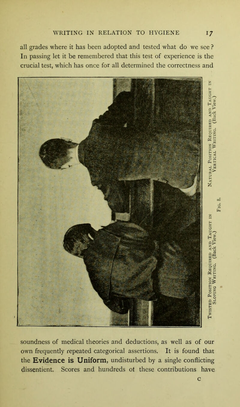 all grades where it has been adopted and tested what do we see ? In passing let it be remembered that this test of experience is the crucial test, which has once for all determined the correctness and soundness of medical theories and deductions, as well as of our own frequently repeated categorical assertions. It is found that the Evidence is Uniform, undisturbed by a single conflicting dissentient. Scores and hundreds ot these contributions have c