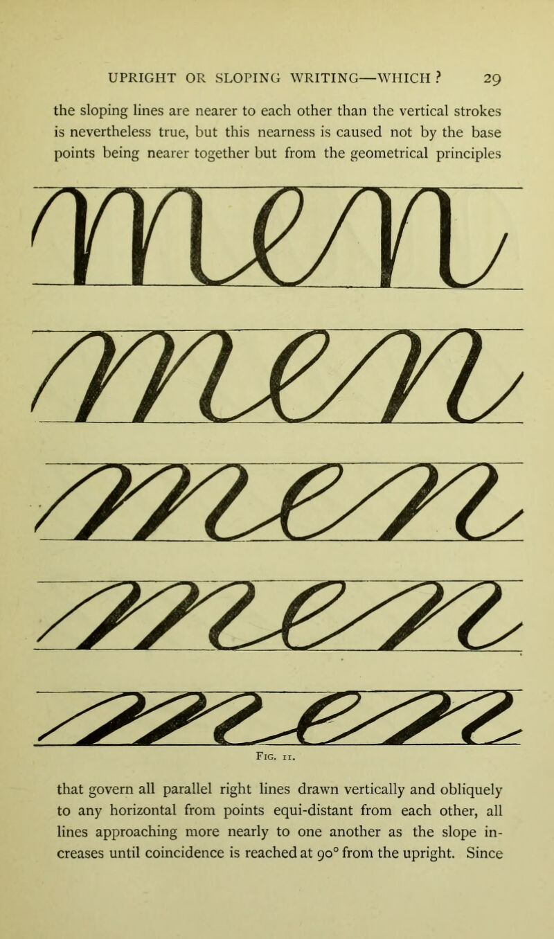 the sloping lines are nearer to each other than the vertical strokes is nevertheless true, but this nearness is caused not by the base points being nearer together but from the geometrical principles mrrwru ryrij^/riy 77771^77. that govern all parallel right lines drawn vertically and obliquely to any horizontal from points equi-distant from each other, all lines approaching more nearly to one another as the slope in- creases until coincidence is reached at 90° from the upright. Since