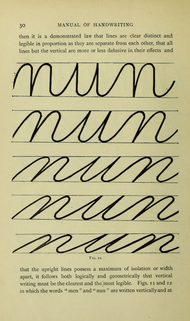 then it is a demonstrated law that lines are clear distinct and legible in proportion as they are separate from each other, that all lines but the vertical are more or less delusive in their effects and Fig. iz. that the upright lines possess a maximum of isolation or width apart, it follows both logically and geometrically that vertical writing must be the clearest and the]most legible. Figs, ii and 12 in which the words “ men ” and “ nun ” are written vertically and at
