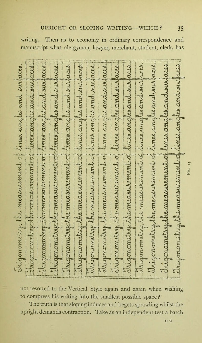 nxmuiA/w. writing. Then as to economy in ordinary correspondence and manuscript what clergyman, lawyer, merchant, student, clerk, has not resorted to the Vertical Style again and again when wishing to compress his writing into the smallest possible space ? The truth is that sloping induces and begets sprawling whilst the upright demands contraction. Take as an independent test a batch D 2 Fir,. 14.