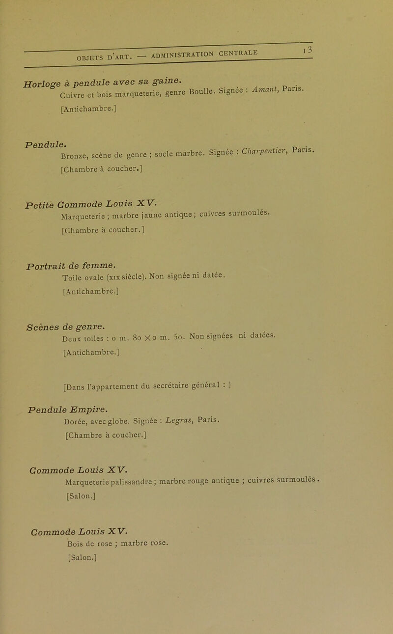Horloge à pendule avec sa gaine. Cuivre et bois marqueterie, genre Boulle. Signée [Antichambre.] Amant, Paris. Pendule. Bronze, scène de genre [Chambre à coucher.] ; socle marbre. Signée : Charpentier, Paris Petite Commode Louis XV. Marqueterie ; marbre jaune antique; cuivres surmoules. [Chambre à coucher.] Portrait de femme. Toile ovale (xix siècle). Non signée ni datée. [Antichambre.] Scènes de genre. Deux toiles : o m. 80 Xo m. 5o. Non signées ni datées. [Antichambre.] [Dans l’appartement du secrétaire général : ] Pendule Empire. Dorée, avec globe. Signée : Legras, Paris. [Chambre à coucher.] Commode Louis XV. Marqueterie palissandre ; marbre rouge antique ; cuivres surmoulés. [Salon.] Commode Louis XV. Bois de rose ; marbre rose. [Salon.]