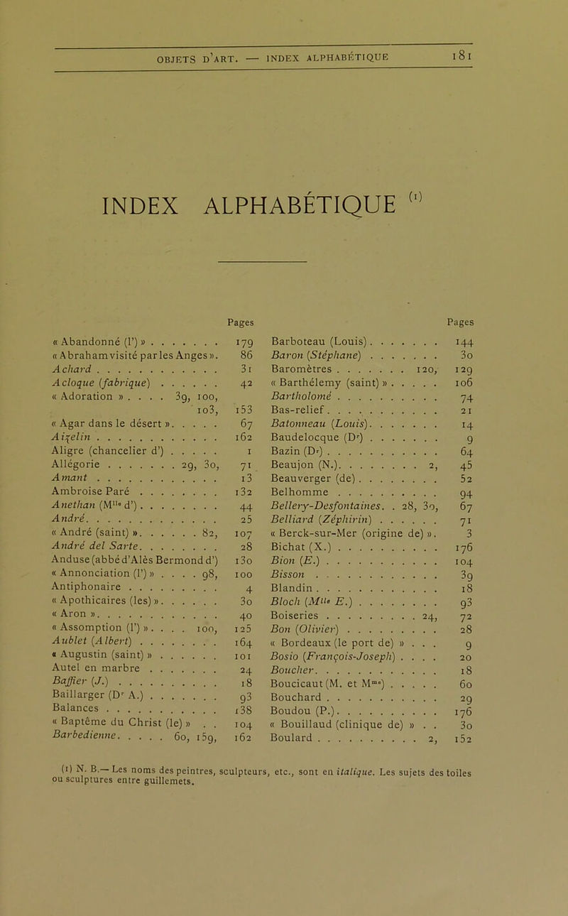 INDEX ALPHABÉTIQUE (,) Pages « Abandonné (I’) » 179 « Abraham visité parles Anges». 86 A chard 3i A cloque (fabrique) 42 « Adoration » . . . . 39, 100, io3, 15 3 « Agar dans le désert » 67 Ai^elin 162 Aligre (chancelier d’) 1 Allégorie 29, 3o, 71 Amant i3 Ambroise Paré i32 Anethan (M1 11 d’) 44 André 25 « André (saint) » 82, 107 André del Sarte 28 Anduse(abbéd’Alès Bermondd’) i3o « Annonciation (P) » .... 98, 100 Antiphonaire 4 « Apothicaires (les) » 3o « Aron » 40 « Assomption (P) » . . . . 100, 125 Aublet (Albert) 164 « Augustin (saint) » 101 Autel en marbre 24 Baffier (J.) ,8 Baillarger (Dr A.) g3 Balances t38 « Baptême du Christ (le) » . . 104 Barbedienne 60, 15g, 162 Pages Barboteau (Louis) 144 Baron (Stéphane) 3o Baromètres 120, 12g « Barthélemy (saint) » 106 Bartholomé 74 Bas-relief 21 Batonneau (Louis) 14 Baudelocque (Dr) g Bazin (D--) 64 Beaujon (N.) 2, 45 Beauverger (de) 52 Bel homme 94 Bellery-Desfontaines. . 28, 3o, 67 Belliard (Zéphirin) 71 « Berck-sur-Mer (origine de) ». 3 Bichat (X.) 176 Bion (E.) 104 Bisson 39 Blandin 18 Bloch (M“« E.) g3 Boiseries 24, 72 Bon (Olivier) 28 « Bordeaux (le port de) »... 9 Bosio (François-Joseph) .... 20 Boucher 18 Boucicaut(M. et M“”) 60 Bouchard 29 Boudou (P.) 176 « Bouillaud (clinique de) » . . 3o Boulard 2, i52 (1) N. B.— Les noms des peintres, sculpteurs, etc., sont en italique. Les sujets des toiles ou sculptures entre guillemets.