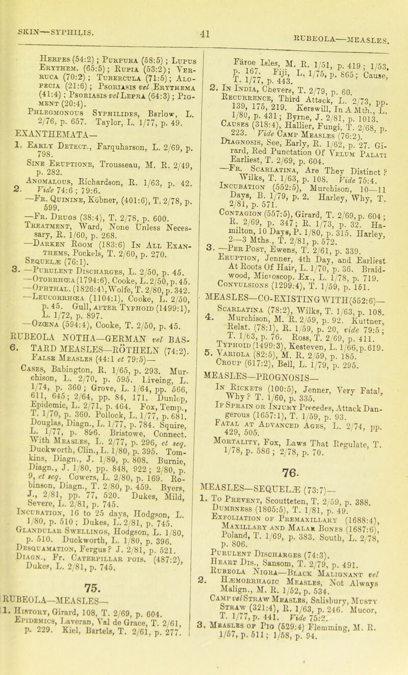 RUBEOLA MEASLES. Herpes (54:2); Purpura (58:5); Lupus Erythem. (65:5); Rupia (53:2); Ver- ruca (70:2); Tubbrcula (71:5); Alo- pecia (21:6); Psoriasis vel Erythema (41:4); Psoriasis velLepra (64:3); Pig- ment (20:4). Phlegmonous Syphilides, Barlow, L. 2/76, p. 657. Taylor, L. 1/77, p. 49. EXANTHEMATA— 1. Early Detect., Farquharson, L. 2/69, p. 798. Sine Eruptione, Trousseau, M. R. 2/49. p. 282. ‘ ’ Anomalous, Richardson, R. 1/63, p. 42. 2. Vide 74:6 ; 79:6. —Fr. Quinine, Kobner, (401:6), T. 2/78, p. 599. 1 —Fr. Drugs (38:4), T. 2/78, p. 600. Treatment, Ward, None Unless Neces- sary, R. 1/60, p. 268. —Darken Room (183:6) In All Exan- thems, Pockels, T. 2/60, p. 270. Sequela: (76:1). 3- —Purulent Discharges, L. 2/50, p. 45. —Otorrhcea(1794:6). Cooke, L. 2/50, p. 45. —Ophthal. (1826:41, Wolfe, T. 2/80, p. 342. —Leucorrhcea (1104:1), Cooke, L. 2/50, p. 45. Gull, alter Typhoid (1499:1), D. 1/72, p. 897. —Ozcena (594:4), Cooke, T. 2/50, p. 45. RUBEOLA NOTHA—GERMAN vel BAS- 6. TARD MEASLES—ROTHELN (74:2). False Measles (44:1 et 79:5)— Cases, Babington, R. 1/65, p. 293. Mur- chison, L. 2/70, p. 595. Liveing, L. 1/74, p. 360 ; Grove, L. 1/64, pp. 566, 611, 645; 2/64, pp. 84, 171. Dunlop, Epidemic, L. 2/71, p. 464. Fox, Temp., T. 1/70, p. 360. Pollock, L. 1/77, p. 681. Douglas, Diagn., L. 1/77, p. 784. Squire, L. 1/77, p. 896. Bristowe, Connect. With Measles, L. 2/77, p. 296, et seq. Duckworth, Clin., L. 1/80, p. 395. Tom- kins, Diagn., J. 1/80, p. 808. Bumie, Diagn., J. 1/80, pp. 848, 922; 2/80, p. 9, et seq. Cowers, L. 2/80, p. 169. Ro- binson, Diagn., T. 2/80, p. 459. Byers, J., 2/81, pp. 77, 520. Dukes, Mild, Severe, L. 2/81, p. 745. Incubation, 16 to 25 days, Hodgson, L. 1/80, p. 510; Dukes, L. 2/81, p. 745. Glandular Swellings, Hodgson, L. 1/80 p. 510. Duckworth, L. 1/80, p. 396. ’ Desquamation, Fergus? J. 2/81, p. 521. Diagn., Fr. Caterpillar pois. (487-2) Dukes, L. 2/81, p. 745. 75. RUBEOLA—MEASLES— I. History, Girard, 108, T. 2/69, p. 604. Epidemics, LaveraD, Val de Grace, T. 2/61, p. 229. Kiel, Bartels, T. 2/61, p. 277. Faroe^Hles, M. R. 1/51, p. 419 ; 1/53, T. 1/77, p. 443. ' 1/75> P’ 865; CaU*e’ 2. In India, Chevers, T. 2/79, p. 60. Recurrence, Third Attack, L. 2/73 pp. X 175Jq2i19'-d Kerswi11’ Hi A Mth'. , L. 1/80, p. 431; Byrne, J. 2/81, p. 1013 CA29?S ^8/4)n HaU^r’ Fuugi> T- 2/68> P- 223. Vide Camp Measles (76:2). Diagnosis, See, Early, R. 1/62, p. 27. Gi- rard, Red Punctation Of Velum Palati Earliest, T. 2/69, p. 604. -^-Scarlatina, Are They Distinct ? Milks, T. 1/63, p. 108. Vide 75:4. Incubation (552:5), Murchison, 10—11 “sCp-V/79’ p-2- Harlej- w,ly- T- Contagion (557:5), Girard, T. 2/69, p. 604- E; 2/69, p. 347; R. 1/73, p. 32. Ha- mriton 10 Days, P. 1/80, p. 315. Harley, - 3 Mths., T. 2/81, p. 572. 3. —Per Post, Ewens, T. 2/61, p. 339. Eruption, Jenner, 4th Day, and Earliest At Roots Of Hair, L. 1/70, p. 36. Braid- wood, Mic>oscop. Ex., L. 1/78, p. 719. Convulsions (1299:4), T. 1/59, p. 151. MEASLES—CO-EXISTIN G WITH (552:6)— . Scarlatina (78:2), Wilks, T. 1/63, p. 108. 4. Murchison, M. R. 2/59, p. 92. Kuttner, Eelat. (78:1), R. 1/59, P. 20, vide 79:5: T. 1/63, p. 76. Ross, T. 2 '69, p. 411. Typhoid(1499:3), Kesteven, L. l/66,p.619. 5. \ ariola (82:5), M. R. 2/59, p. 185. Croup (617:2), Bell, L. 1/79, p. 295. MEASLES—PROGNOSIS— ®ICKETS (100:5), Jenner, Very Fatal. Why? T. 1/60, p. 335. If Sprain or Injury Precedes, Attack Dan- gerous (1657:1), T. 1/59, p. 93. kATAL AT Advanced Ages, L. 2/74, pp. 429, 505. Mortality, Fox, Laws That Regulate, T. 1//8, p. 586 ; 2/78, p. 70. 76. MEASLES—SEQUELiE (73:7)— 1. To Prevent, Scoutteten, T. 2/59, p. 388 Dumbness (1805:5), T. 1/81, p. 49. RxJ?liati°n of Premaxillary (1688:4), Maxillary and Malar Bones (1687:6)! loland, T. 1/69, p. 383. South, L. 2/78, p. 806. 1 * Purulent Discharges (74:3). Heart Dis., Sansom, T. 2/79, p. 491. Rubeola Nigra—Black Malignant vel Hemorrhagic Measles, Not Always Malign., M. R. 1/52, p. 534. Camp vel Straw Measles, Salisbury, Musty Straw (321:4), R. 1/63, p. 246. Mucor, T. 1/77, p. 441. Vide 75:2. 3. Mkaslbs of Pig (629:4) Flemming, M. R. 1/57, p. 511; 1/58, p. 94.