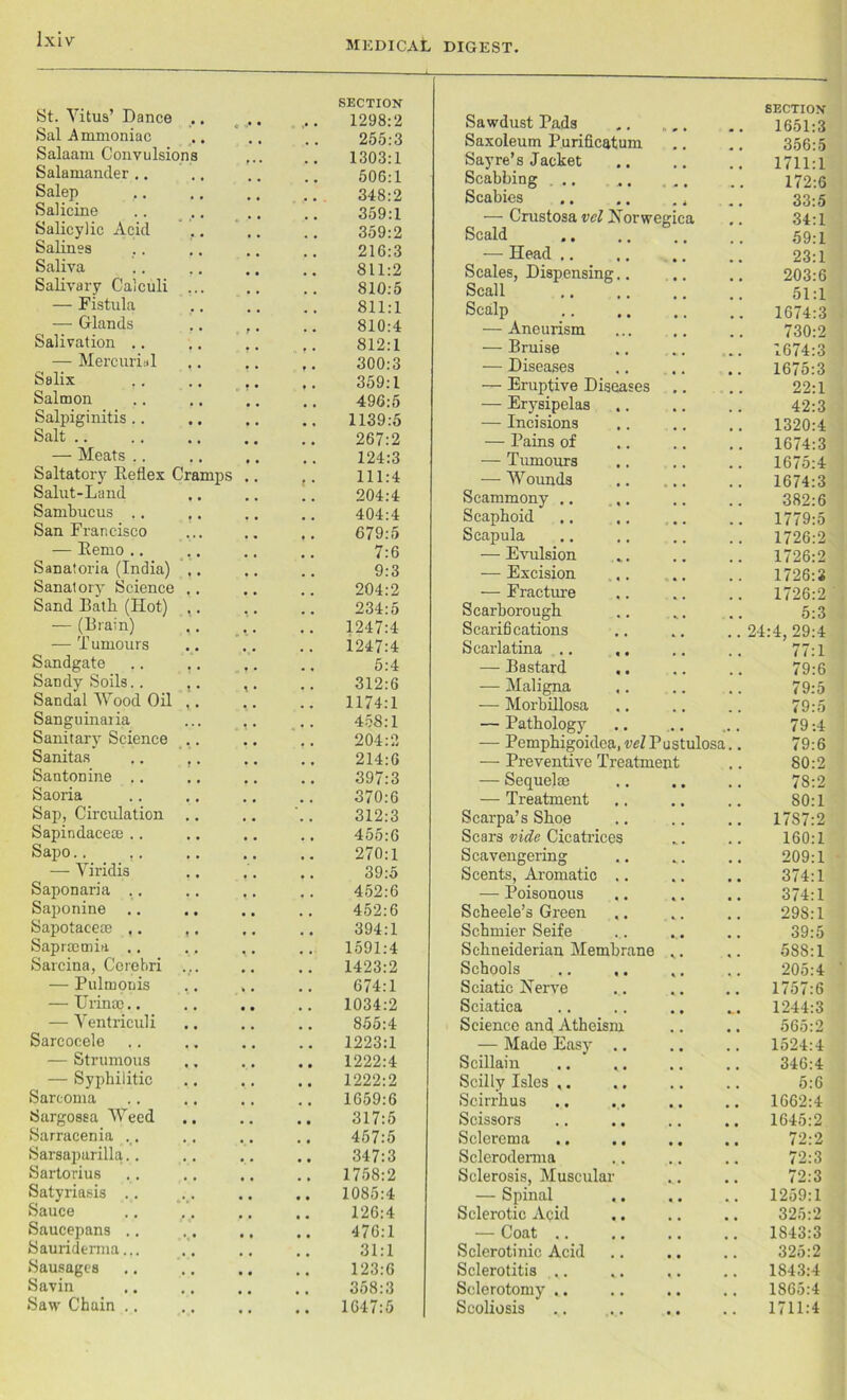 St. Vitus’ Dance .. SECTION 1298:2 Sal Ammoniac 255:3 Salaam Convulsions 1303:1 Salamander .. ., 506:1 Salep .. 348:2 Salicine 359:1 Salicylic Acid .. 359:2 Salines 216:3 Saliva • • 811:2 Salivary Calculi ... 810:5 — Fistula 811:1 — Glands .. f • 810:4 Salivation .. 812:1 — Mercurial 300:3 Salix ,. 359:1 Salmon 496:5 Salpiginitis 1139:5 Salt .. • • 267:2 — Meats .. .. t • 124:3 Saltatory Eeflex Cramps f • 111:4 Salut-Land • • 204:4 Sambucus .. ,. 404:4 San Francisco 679:5 — Eemo 7:6 Sanatoria (India) .. , , 9:3 Sanatory Science .. • • 204:2 Sand Eatk (Hot) ,. . 9 234:5 — (Brain) . , 1247:4 — Tumours 4 m 1247:4 Sandgate .. .. . • • 5:4 Sandy Soils.. ,. < • ,. 312:6 Sandal Wood Oil ,. 1174:1 Sanguinaria t • 458:1 Sanitary Science .. 204:2 Sanitas .. ,. ,. 214:6 Santonine .. ,, ,. 397:3 Saoria 370:6 Sap, Circulation .. .. 312:3 Sapindace® .. # t 455:6 Sapo.. ,. , , 270:1 — Viridis ,. 39:5 Saponaria .. # # ,. 452:6 Saponine Sapotaee® ,. ,. , . # # 452:6 , , 394:1 Saprmmia .. ., , , 1591:4 Sarcina, Cerebri ... ,, 1423:2 — Pulmonis .. 674:1 — Urinac.. • • .. 1034:2 — Ventriculi • • 855:4 Sarcocele , # # # 1223:1 — Strumous . . # # 1222:4 — Syphilitic , , 1222:2 Sarcoma , , .. 1659:6 Sargossa Weed 317:5 Sarracenia # # 457:5 Sarsaparilla , , 347:3 Sartorius # , 1758:2 Satyriasis # • 1085:4 Sauce • • 126:4 Saucepans .. • • .. 476:1 Sauriderma.,. 31:1 Sausages • • 123:6 Savin 358:3 Saw Chain .. # , 1647:5 Sawdust Pads SECTION 1651:3 Saxoleum Purificatum 356:5 Sayre’s Jacket 1711:1 Scabbing 172:6 Scabies • 4 ** 33:5 — Crustosa vcl Xorwegica 34:1 Scald . . 59:1 — Head .. 23:1 Scales, Dispensing.. • • .. 203:6 ScaE ,, 51:1 Scalp , . 1674:3 — Aneurism 730:2 — Bruise 1674:3 — Diseases , . 1675:3 — Eruptive Diseases ,. 22:1 — Erysipelas % # 42:3 — Incisions 1320:4 — Pains of ... 1674:3 — Tumours 1675:4 — Wounds 1674:3 Scammony .. ,. # # 382:6 Scaphoid m # 1779:5 Scapula 1726:2 — Evulsion 1726:2 — Excision 1726:2 — Fracture 1726:2 Scarborough ... 5:3 Scarifications 24:4, 29:4 Scarlatina .. ,. 77:1 — Bastard ,. 79:6 — Maligna ... 79:5 -— MorbiEosa 79:5 — Pathology 79:4 — Pemphigoidea, vclPustulosa.. 79:6 — Preventive Treatment 80:2 — Sequelae • • 78:2 — Treatment 80:1 Scarpa’s Shoe . . . , 17S7:2 Scars vide Cicatrices 160:1 Scavengering # , 209:1 Scents, Aromatic .. . . # # 374:1 — Poisonous « • # # 374:1 Scheele’s Green ,. . • 298:1 Scbmier Seife • • .. 39:5 Schneiderian Membrane ^ • 588:1 Schools .. ,. 205:4 Sciatic Herve 1757:6 Sciatica 1244:3 Science and Atheism .. 565:2 — Made Easy .. , , 1524:4 Scillain .. ,. . . 346:4 Scilly Isles ,. # t 5:6 Scirrkus • • 1662:4 Scissors 1645:2 Sclerema # .. 72:2 Scleroderma .. 72:3 Sclerosis, Muscular # B 72:3 — Spinal , , 1259:1 Sclerotic Acid u t 325:2 — Coat .. .. 1843:3 Sclerotinic Acid ,. 325:2 Sclerotitis .. .. 1843:4 Sclerotomy .. • • 1865:4 Scoliosis • • , . 1711:4