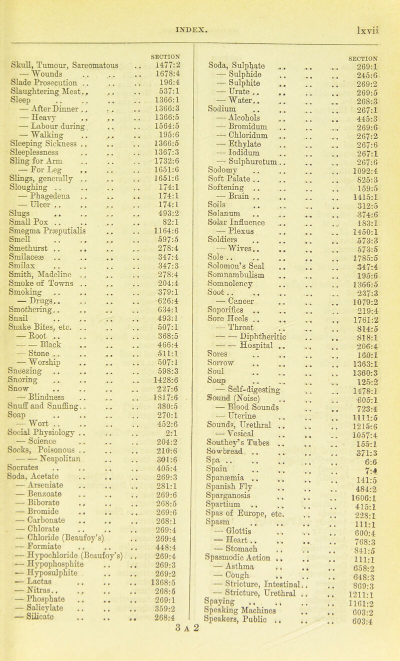 Skull, Tumour, Sarcomatous SECTION 1477:2 — Wounds 9 , 1678:4 Slade Prosecution .. 196:4 Slaughtering Meat., , . 537:1 Sleep , . 1366:1 — After Dinner .. 1366:3 — Heavy # # , , 1366:5 — Labour during 1564:5 — Walking 195:6 Sleeping Sickness .. # . 1366:5 Sleeplessness 1367:3 Sling for Arm # , 1732:6 — For Leg # 9 1651:6 Slings, generally .. . . 1651:6 Sloughing .. , , . , 174:1 — Phagedena 174:1 — Ulcer .. 174:1 Slugs 493:2 Small Pox .. 82:1 Smegma Proeputialis # # 1164:6 Smell 597:5 Smethurst .. 9 ,. 278:4 Smilacece .. , # 347:4 Smilax 347:3 Smith, Madeline .. 278:4 Smoke of Towns .. 204:4 Smoking , . . , 379:1 — Drugs.. , , , , 626:4 Smothering . . . . 634:1 Snail # , # , 493:1 Snake Bites, etc. .. 507:1 — Root .. 368:5 Black # # # 466:4 — Stone .. # # 511:1 — Worship • , 507:1 Sneezing 598:3 Snoring 1428:6 Snow ,. 227:6 — Blindness ,. 1817:6 Snuff and Snuffing.. 380:5 Soap , , 270:1 — Wort .. 452:6 Social Physiology .. . . 2:1 — Science # # . # 204:2 Socks, Poisonous .. .. 210:6 Neapolitan # 9 301:6 Socrates # . 405:4 Soda, Acetate 269:3 — Arseniate 281:1 — Benzoate 269:6 — Biborate .. 268:5 — Bromide # # 269:6 — Carbonate . # 268:1 — Chlorate 269:4 — Chloride (Beaufoy’s) 269:4 — Formiato 0 , 448:4 — Hypochloride (Bcaufoy’s) # , 269:4 -— Hypophosphite 269:3 — Hyposulphite 269:2 — Lactas , # # 1368:5 — Nitras., # # 268:5 — Phosphate # # 269:1 — Salicylate 359:2 — Silicate • . • • 268:4 3 Soda, Sulphate SECTION 269:1 — Sulphide 245:6 — Sulphite 269:2 —Urate .. 269:5 — Water.. 268:3 Sodium 267:1 — Alcohols 445:3 — Bromidum 269:6 — Chloridum 267:2 -—■ Ethylate 267:6 — Iodidum 267:1 — Sulphuretum.. 267:6 Sodomy 1092:4 Soft Palate .. 825:3 Softening .. 159:5 — Brain .. 1415:1 Soils 312:5 Solanum • • 374:6 Solar Influence 183:1 — Plexus 1450:1 Soldiers 573:3 — Wives.. 573:5 Sole .. 1785:5 Solomon’s Seal 347:4 Somnambulism 195:6 Somnolency 1366:5 Soot .. 237:3 — Cancer 1079:2 Soporifics .. 219:4 Sore Heels .. 1761:2 — Throat S14:5 Diphtheritic 818:1 Hospital .. , 206:4 Sores 160:1 Sorrow 1363:1 Soul 1360:3 Sou? 125:2 — Self-digesting 1478:1 Sound (Noise) 605:1 — Blood Sounds 723:4 — Uterine 1111:5 Sounds, Urethral , 1215:6 — Vesical 1057:4 Southey’s Tubes .. 155:1 Sowbread. .. 371:3 Spa .. 6:6 Spain 7:-* Spanasmia .. 141:5 Spanish Fly 484:2 Sparganosis 1606:1 Spartium Spas of Europe, etc. •• 415:1 228:1 Spasm 111:1 — Glottis 600:4 — Heart.. • • 768:3 — Stomach 841:5 Spasmodic Action .. • • 111:1 — Asthma 658:2 — Cough # 9 648:3 — Stricture, Intestinal 869:3 — Stricture, Urethral 1211:1 Spaying 1161:2 Speaking Machines • • 603:2 Speakers, Public .. • • • 603:4