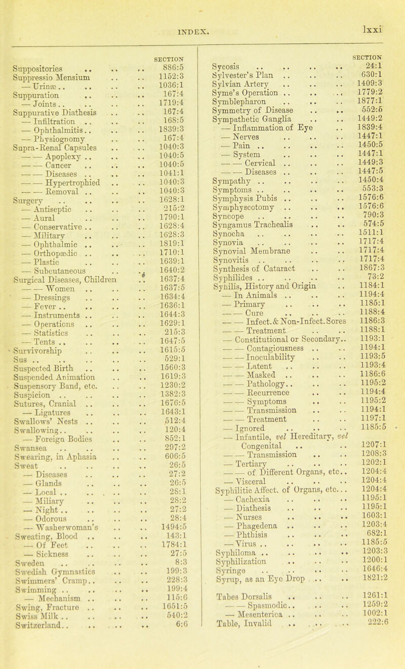 Suppositories SECTION 886:5 Suppressio Mensium . . . . 1152:3 — TTrince.. • . 1036:1 Suppuration • • . . 167:4 — Joints.. . , . . 1719:4 Suppurative Diathesis . . . , 167:4 — Infiltration .. , # . . 168:5 — Ophthalmitis.. • • . . 1839:3 — Physiognomy . . . . 167:4 Supra-Eenal Capsules • . 1040:3 Apoplexy .. • . 1040:5 Cancer . , 1040:5 Diseases .. , , , , 1041:1 Hypertrophied . . 1040:3 Eemoval .. , . , • 1040:3 Surgery 1628:1 — Antiseptic 215:2 — Aural , , . , 1790:1 — Conservative .. . , . . 1628:4 — Military , , 1628:3 — Ophthalmic .. • , , . 1819:1 — Orthopaedic .. • • . . 1710:1 — Plastic , , . . 1639:1 — Subcutaneous , , • -t 1640:2 Surgical Diseases, Children P 1637:4 Women # # , . 1637:5 — Dressings , « . . 1634:4 — Fever .. , , , . 1636:1 — Instruments .. , . . , 1644:3 — Operations . . 1629:1 — Statistics , , 215:3 — Tents .. , . 1647:5 Survivorship . . 1615:5 Sus .. . . 529:1 Suspected Birth • • 1560:3 Suspended Animation 1619:3 Suspensory Band, etc. . . 1230:2 Suspicion . . 1382:3 Sutures, Cranial .. , . 1676:5 — Ligatures • • . . 1643:1 Swallows’ Nests .. , , , , 512:4 Swallowing.. , , , . 120:4 — Foreign Bodies , , 852:1 Swansea , , 297:2 Swearing, in Aphasia . • 606:5 Sweat . . 26:5 — Diseases , # , , 27:2 — Glands . , # . 26:5 — Local .. .. . . . 2S:1 — Miliary • . 28:2 — Night.. . . . . 27:2 — Odorous . . • . 28:4 — Washerwoman’s a , , . 1494:5 Sweating, Blood .. . . 143:1 — Of Feet . . 1784:1 — Sickness • , 27:5 Sweden • . 8:3 Swedish Gymnastics • • 199:3 Swimmers’ Cramp.. . . 228:3 Swimming .. • • • • 199:4 — Mechanism .. # , • , 115:6 Swing, Fracture .. • • 1651:5 Swiss Milk , , • • 640:2 Switzerland.. . • • • • 6:6 Sycosis SECTION 24:1 Sylvester’s Plan 630:1 Sylvian Artery 1409:3 Syme’s Operation .. .. ., 1779:2 Symblepharon 1877:1 Symmetry of Disease .. .. 552:6 Sympathetic Ganglia 1449:2 — Inflammation of Eye 1839:4 — Nerves 1447:1 — Pain .. 1450:5 — System 1447:1 Cervical .. 1449:3 Diseases .. 1447:5 Sympathy .. 1450:4 Symptoms .. 553:3 Symphysis Puhis .. 1576:6 Symphyseotomy 1576:6 Syncope 790:3 Syngamus Trachealis ,. .. 574:5 Synocha 1511:1 Synovia 1717:4 Synovial Membrane 1717:4 Synovitis 1717:4 Synthesis of Cataract 1867:3 Syphilides .. 73:2 Syhilis, History and Origin 1184:1 — In Animals .. 1194:4 — Primary 1185:1 Cure 1188:4 Infect. &Non-Infect. Sores 1186:3 Treatment 1188:1 — Constitutional or Secondary.. 1193:1 Contagiousness .. 1194:1 Inoculability 1193:5 Latent 1193:4 Masked .. 1186:6 Pathology.. 1195:2 Eecurrence 1194:4 Symptoms .. 1195:2 Transmission 1194:1 Treatment 1197:1 — Ignored 1185:5 — Infantile, vel Hereditary, vel Congenital 1207:1 Transmission 1208:3 — Tertiary 1202:1 of Different Organs, etc.. 1204:4 — Visceral 1204:4 Syphilitic Affect, of Organs, etc... 1204:4 — Cachexia 1195:1 — Diathesis 1195:1 — Nurses 1603:1 — Phagedena .. 1203:4 — Phthisis 682:1 — Virus .. 1185:5 Syphiloma .. .. • • • • 1203:3 Syphilization 1200:1 Syringe .. 1646:4 Syrup, as an Eye Drop 1821:2 Tabes Dorsalis 1261:1 Spasmodic.. 1259:2 — Mesenterica .. 1002:1 Table, Invalid .. ... .. 222:6
