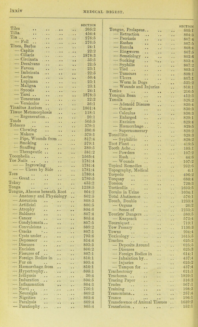 MEDICAL DIGEST. Tiles • • SECTION 205:2 Tilia 454:4 Tin .. B # 276:5 — Foil .. • • « 276:5 Tinea, Barbae 24:1 — Capitis • • 22:2 — Ciliaris ... 1878:3 — Circinata • 0 35:5 — Decalyans • • 21:5 — Favosa 23:1 — Imbricata • • 22:5 — Lactea • • 50:4 — Lupinosa 23:1 — Maligna # , 23:1 — Sycosis , . 24:1 — Tarsi .. m # 1878:3 — Tonsurans 22:2 — Versicolor 36:1 Tinnitus Aurium .. 1801:4 Tissue Metamorphosis 118:1 — Regeneration.. , , 20:1 Toads 505:5 Tobacco .. 379:1 — Chewing , # # 380:6 — Makers 379:1 — Ripe, Wounds from , . 817:4 — Smoking , , . . 379:1 — Snuffing , , , , 380:5 — Therapeutic .. , , , , 381:2 Tocophelia .. 1565:4 Toe Nails .. t # 1781:4 Ingrowing , , , , 1781:4 Ulcers by Side 1781:4 Toes .. .. . . 1780:4 — Great .. . . 1780:5 Tokay # # 433:2 Tonga . # 1238:5 Tongue, Abscess beneath Root # # 804:2 — Anatomy and Physiology , , 802:5 — Aneurism , . 808:3 — Artificial # # • a 806:5 — Atrophy . . • • 804:6 — Baldness . . 807:4 — Cancer • 805:4 — Condylomata.. 807:5 — Convulsions .. 809:2 — Cracks ; . 807:1 — Cysts under ., # # 795:6 — Depressor , , , , 814:4 — Diseases m # , . 803:3 — Excision • • . , 806:2 — Fissures of .. . . 807:1 — Foreign Bodies in , , 810:1 — Fur on . . 803:4 — Haemorrhage from • • , , 810:1 — Hypertrophy.. , v 806:1 — Icthyosis • • , . 30:4 — Induration .. 804:5 — Inflammation 804:1 — Nmvi .. # # 736:1 — Neuralgia • • • 809:2 — Nigrities 803:4 — Paralysis • • A a 809:4 — Paratrophy .. • • • » 805:4 Tongue, Prolapsus.. SECTION 805:1 — Retraction 804:3 — Psoriasis 807:4 — Rashes 807:5 — Ranula 808:4 — Ringworm 807:5 — Semeiology .. 802:6 — Sucking 803:4 — Syphilis 807:2 — Tied 803:3 — Tumours 808:1 — Ulcers 807:1 — Worm in Dogs 521:2 — Wounds and Iniuries 810:1 Tonics 216:5 Tonquin Bean 412:3 Tonsils .. .. 828:2 — Adenoid Disease 830:4 — Cancer 830:3 — Calculus 830:3 — Enlarged 829:1 — Excision 829:4 — Haemorrhage .. 829:5 — Supernumerary 828:2 Tonsillitis .. 828:3 — Syphilitic 828:2 Toot Plant .. 419:5 Tooth Ache.. 105:1 — Powders • • • 107:2 — Rash .. 44:6 — Wounds 107:2 Topical Remedies .. 202:6 Topography, Medical 4:1 Torpedo 496:2 Torquay 680:4 Torsion 720:3 Torticollis 1693:5 Torulae in Urine 1034:1 Total Abstinence .. 576:1 Touch, Double 1233:4 — Organs 26:2 — Sense of 1233:3 Tourists' Dangers .. 580:5 — Knapsack 573:4 Tourniquet .. 719:1 Tow Pessary 1136:3 Towns 204:4 Toxicology 1615:5 Trachea 625:2 — Deposits Around 625:5 — Diseases 625:3 — Foreign Bodies in 614:1 — Inhalation by.. 437:4 — In j uries 625:2 — Tampon for .. 437:4 Tracheotomy 621:1 Trachoma .. 1829:1 Tracing Paper « • 316:2 Trades 567:1 Training Tramontana.. 198:3 257:4 Trance 196:1 Transference of Animal Tissues 1639:2 Transfusion,. , , 152:1