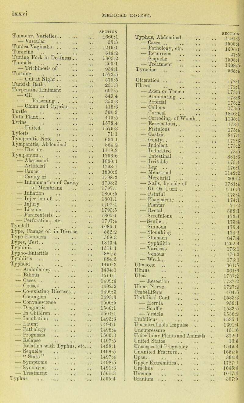 MEDICAL DIGEST. Tumour?, Varieties.. SECTION 1660:1 — Vascular 35:3 Tunica Vaginalis 1219:1 Tunicine 314:2 Tuning Fork in Deafness .. 1803:2 Tunnels 200:1 — Trichinosis of 934:1 Turning 1573:5 — Out at Night • • 579:5 Turkish Baths .. ... 231:3 Turpentine Liniment 697:5 -on ... .. 349:4 Poisoning.. • • 350:3 — Chian and Cyprian .. • • 416:3 Turtle .. 504:3 Tutu Plant .. 419:5 Twins 1578:4 — United 1579:3 Tylosis 71:1 Tympanitic Note .. 666:1 Tympanitis, Abdominal .. 864:2 — Uterine 1119:2 Tympanum .. .. „. 1796:6 — Abscess of 1800:1 — Artificial 1798:1 — Cancer 1800:6 — Cavity of .. ... 1798:3 — Inflammation of Cavity 1798:3 of Membrane 1797:1 — Inflation 1800:5 — Injection of .. ... 1801:1 — Injury 1797:4 — Lice on 1793:5 — Paracentesis .. 1805:1 — Peiforation, ete. 1797:4 Tyndall 1080:1 Type, Change of, in Disease 552:2 Type Founders 569:3 Types, Test.. 1813:4 Typhinia # 1511:1 Typbo-Enteritis 884:5 Typhlitis 884:5 Typhoid 1491:3 — Ambulatory .. , , 1494:1 — Bilious 4 # 1511:1 — Cases .. 1499:4 — Causes 1492:2 — Co-existing Diseases.. 1499:3 — Contagion 1493:3 — Convalescence 1500:5 — Diagnosis 1500:1 — In Children .. 1501:1 — Incubation 1493:3 — Latent 1494:1 — Pathology , , 1498:4 — Prognosis # # 1500:3 — Relapse # . 1497:5 — Relation with Typhus, etc... 1498:1 — Sequelae .. 1498:5 — “ State ” 1497:4 — Symptoms 1498:5 — Synonyms # , 1491:3 — Treatment 1501:3 Typhus • , 1505:4 Typhus, Abdominal • • SECTION 1491:3 — Cases .. • • 1508:4 — Pathology, etc. , , 1506:1 — Recurrens 27:5 — Sequelae 1508:1 — Treatment 1508:5 Tyrocine 965:4 Ulceration .. Ulcers • • 172:1 172:1 — Aden or Yemen 173:6 — Amputating .. 173:6 — Arterial 176:2 -— Callous 173:5 — Corneal . 1846:1 — Corroding, of Womb.. 1130:1 — Eczematous.. 173:1 — Fistulous 175:4 — Gastric 847:4 — Gouty.. 172:3 — Indolent 173:2 — Indurated 173:5 — Intestinal 881:3 — Irritable 173:4 — Leg .. 176:1 — Menstrual 1142:2 — Mercurial 300:2 — Nails, by side of 1781:4 — Of Os Uteri . 1116:3 — Painful 173:4 — Phagedenic .. 174:1 — Plantar 71:2 — Rectal S8S:1 — Scrofulous 173:1 — Senile .. 173:4 — Sinuous 175:4 — Sloughing 174:1 — Stomach 847:4 — Syphilitic 1202:4 — Varicose 176:1 — Venous 176:2 — Weak.. 173:1 Ulmaceae 361:5 Ulmus 361:6 Ulna 1737:2 — Resection 1737:2 Ulnar Nerve 1727:2 Umbelliferue .. % • 404:6 Umbilical Cord .. • • 1533:3 — Hernia 956:1 — Souffle 1533:5 — Vesicle 1536:2 Umbilicus .. • • 1535:1 Uncontrollable Impulse ,. 1391:4 Uncupressure 151:6 Unicellular Plants and Animals 312:1 United States 13:5 Unsuspected Pregnancy , , 1549:4 Ununited Fracture.. 1654:5 Upas v • 364:4 Upper Extremities .. # . 1727:1 Urachus ■* • 1045:4 Uraemia 1017:4 Uranium ... , # 307:5