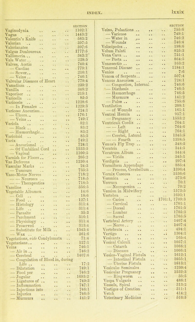 Vaginodynia SECTION 1102:1 Vagus • • 1443:2 Valentin’s Knife 583:2 Valerian 397:5 Valerianates , , 397:6 Valgus Douloureux . , 1777:5 Vallisneria .. 343:2 ’ Vais Water 228:5 Valves, Aortic 740:4 — Cardiac ■ • •« 779:1 — Sewer.. . , .210:1 — Veins .. . . 746:1 Valvular Diseases of Heart 779:4 Vanadium .. 239:2 V anilla . . 348:2 Vaporiser .. . . 215:1 Varicella 85:5 Variocele .. . . 1228:6 — In Females . . 1229:3 Varicose Aneurism.. 724:1 — Ulcers.. . # 176:1 — Veins .. 749:1 Variola 82:1 — Black .. 83:2 — Haemorrhagic , . 83:2 Varioloid , # 85:5 Varix , , 749:1 — Aneiuismal , . 724:1 — Of Umbilical Cord .. ■ • 1533:5 — Vaginal . . 1100:5 Varnish for Floors .. . , 205:2 Vas Deferens , , 1230:4 Vascular Marks 24:3 — Tumours 735:3 Vaso-Motor Nerves , , 718:2 Neuroses .. . , 718:5 Therapeutics . . 718:5 Vazeline 356:5 Vegetable Albumen 14:6 — Cell 18:6 — Food .. , , 127:1 — Histology . . 311:4 — Life . , 311:4 — Parasite . , 35:3 — Parchment , # 316:1 — Physiology .. • • 311:4 — Preserved . # 313:4 — Substitute for Milk .. , , 1543:4 — Wax . , 361:6 Vegetations, vide Condylomata 71:4 Vegetarians • • 127:1 Veins .. 746:1 — Air in .. , , 746:2 — Cerebral « • 1407:6 — Coagulation of Blood in, during Life .. 17:2 — Dilatation , , 749:1 — Food per a , 746:2 — Jugular . . 1693:2 • — Ligatures of .. . . 749:3 — Inflammation a « 747:1 — Injections into . • 746:1 — Inj urics . • 740:5 — Murmurs .. • • 141:2 Veins, Pulsations .. .. SECTION 755:6 — Varicose 749:1 — Water in 746:2 — Wounds 746:4 Velocipedes .. 198:6 Velum Palati . , 825:3 Vena Cava .. , . 751:1 — Porta .. 864:5 Venoesectio .. ■ • 1G3:2 Venereal Disease .. 1184:1 Venice • • 7:6 Venom of Serpents.. 507:4 Venous Aneurism .. • • 724:1 — Congestion, Internal ■ • • 746:6 — Diathesis 746:5 — Haemorrhage 746:5 — Murmurs 141:2 — Pulse .. 755:6 Ventilation 208:1 — of Wounds 161:1 Ventral Hernia . . 957:1 — Pregnancy 1553:2 Ventriculi Cordis .. . . 764:1 Left - • 764:6 Right . . 764:1 — Cerebri, Lateral . # 1345:5 — -— Fourth , , 1398:5 Venus’s Fly Trap .. . , 348:5 Veratria 344:5 Veratrum Album .. . . 344:4 — Viride , . 345:1 Verdigris 297:4 Vermiform Appendage 885:4 — Process, Cerebellum .. . . 1396:4 Vernix Caseosa . , 1536:6 Veronica 373:6 Verruca 70:1 — Necrogenica .. 70:2 Version in Midwifery' 1573:5 Vertebra . . 1693:1 — Caries 1701: 1, 1709:3 — Cervical . . 1701:1 — Dorsal , . 1701:5 — Lumbar , . 1705:3 '— Sacral . , 1705:5 Vertebral Artery .. . . 1407:4 — Nerve .. , , 1407:4 Vertebrata .. 494:1 Vertigo . j 1304:1 Vesicants , • 165:4 Vesical Calculi 1057:1 •— Catarrh 1068:1 — Diseases , , 1066:1 Vesico-Vaginal Fistula 1612:1 — Intestinal Fistula . , 1055:1 — Uterine Fistula 1613:1 Vesiculse Seminales . . 1230:4 Vesicular Pregnancy 1532:3 — Ringworm . « 35:5 Vespa Vulgaris , <• 488:1 Vessels, Spiral .. 313:2 Vestiges of Creation • • 311:1 Vetch . , 414:2 Veterinary Medicine • • 516:5
