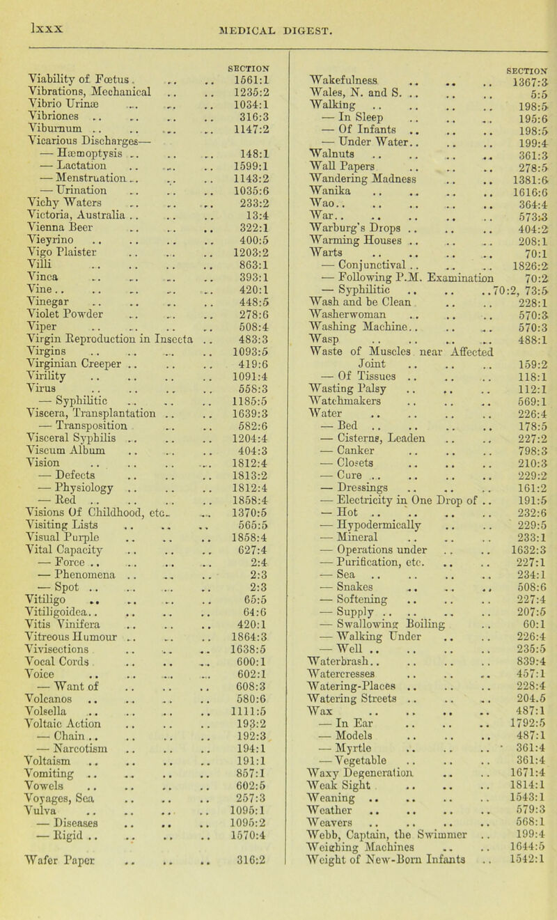 Viability of Foetus. SECTION 1561:1 Wakefulness SECTION 1367:3 Vibrations, Mechanical 1235:2 Wales, N. and S. .. 5:5 Vibrio Urinm *> • 1034:1 Walking 198:5 Vibriones , , 0 m 316:3 — In Sleep 195:6 Viburnum .. . m m 1147:2 — Of Infants .. 198:5 Vicarious Discharges— — Hmmoptysis .. 148:1 — UnderWater.. Walnuts 199:4 361:3 — Lactation .* . . . 1599:1 Wall Papers 278:5 — Menstruation „. „ . 1143:2 Wandering Madness 1381:6 — Urination 1035:6 Wanika 1616:6 Vichy Waters •> • r # 233:2 Wao.. 364:4 Victoria, Australia .. 13:4 War 573:3 Vienna Beer • • , , 322:1 Warburg's Drops .. 404:2 Vieyrino . r 0 0 400:5 W arming Houses .. 208:1 Vigo Plaister . . 0 # 1203:2 Warts 70:1 Villi . . . . 863:1 — Conjunctival .. 1826:2 Vinca * . 393:1 — Following P.M. Examination 70:2 Vine.. 420:1 — Syphilitic 70:2, 73:5 Vinegar 448:5 Wash and be Clean 228:1 Violet Powder ... 278:6 Washerwoman 570:3 Viper . . 508:4 Washing Machine.. 570:3 Virgin Reproduction in 1 Virgins Virginian Creeper .. nsecta 483:3 Wasp 488:1 ... 1093:5 419:6 Waste of Muscles near Affected Joint 159:2 Virility 0 # 1091:4 — Of Tissues .. 118:1 Virus , w 558:3 Wasting Palsy 112:1 — Syphilitic Viscera, Transplantation m . .. 1185:5 Watchmakers 569:1 , . , , 1639:3 Water 226:4 — Transposition , . , , 582:6 — Bed .. 178:5 Visceral Syphilis .. 1204:4 — Cisterne, Leaden 227:2 Viscum Album ... 404:3 — Canker 798:3 Vision .... 1812:4 — Closets 210:3 — Defects 1813:2 — Cure .. 229:2 — Physiology .. , , 1812:4 — Dressings 161:2 — Bed . . 1858:4 — Electricity in One Drop of .. 191:5 Visions Of Childhood, etc. .. - 1370:5 — Hot 232:6 Visiting Lists 565:5 — Hypodermically 229:5 Visual Purple 1858:4 — Mineral 233:1 Vital Capacity 627:4 — Operations under 1632:3 — Force .. # # 2:4 — Purification, etc. 227:1 — Phenomena .. 2:3 — Sea 234:1 ■— Spot .. 2:3 — Snakes 508:6 Vitiligo 65:5 — Softening 227:4 Vitiligoidea.. « . , . 64:6 — Supply 207:5 Vitis Vinifera # m 420:1 — Swal lowing: Boiling 60:1 Vitreous Humour .. 1864:3 — Walking Under 226:4 Vivisections 1638:5 — WeB 235:5 Vocal Cords 600:1 Water brash.. 839:4 Voice 602:1 Watercresses 457:1 — Want of , , 608:3 Watering-Places .. 228:4 Volcanos , . 580:6 Watering Streets .. 204.5 Volsella 1111:5 Wax 487:1 Voltaic Action 193:2 — In Ear 1792:5 — Chain .. 192:3 — Models 487:1 — Narcotism 194:1 — Myrtle 361:4 Voltaism 191:1 — Vegetable 361:4 Vomiting .. 857:1 Waxy Degeneration 1671:4 Vowels 602:5 Weak Sight 1814:1 Voyages, Sea # . 257:3 Weaning 1543:1 Vulva 1095:1 Weather 579:3 — Diseases • • 1095:2 Weavers 568:1 — Rigid .. • • 1570:4 Webb, Captain, the Swimmer .. 199:4 Wafer Paper 316:2 1 Weighing Machines Weight of New-Born Infants 1644:5 1542:1
