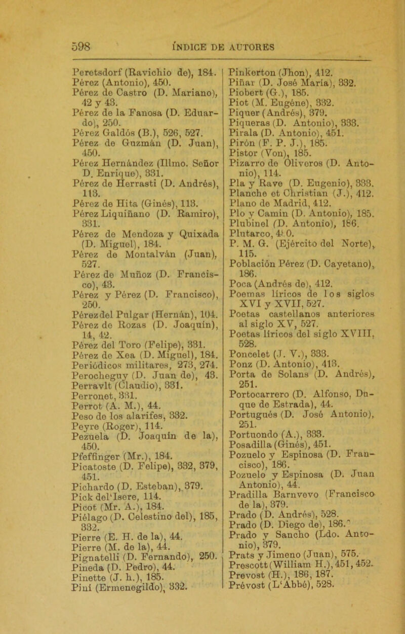 Perotsdorf (Ravichio de), 184. Pérez (Antonio), 450. Pérez de Castro (D. Mariano), 42 y 43. Pérez de la Fañosa (D. Eduar- do), 250. Pérez Galdós (B.), 526, 527. Pérez de Guzmán (D. Juan), 450. Pérez Hernández (Illmo. Señor D. Enrique), 331. Pérez de Herrasti (D. Andrés), 113. Pérez de Hita (Ginés), 113. Pérez Liquiñano (D. Ramiro), 331. Pérez de Mendoza y Quixada (D. Miguel), 18-1. Pérez de Montalván (Juan), 527. Pérez de Muñoz (D. Francis- co), 43. Pérez y Pérez (D. Francisco), 250. Pérezdel Pulgar (Hernán), 104. Pérez de Rozas (D. Joaquín), 14, 42. Pérez del Toro (Felipe), 331. Pérez do Xea (D. Miguel), 184. Periódicos militares, 273, 274. Peroclioguy (D. Juan de), 43. Perravlt (Claudio), 331. Perronet, 331. Perrot (A. M.), 44. Peso de los alarifes, 332. Peyre (Roger), 114. Pezuela (D. Joaquín de la), 450. Pfeffinger (Mr.), 184. Picatosto (D. Felipe), 332, 379, 451. Pichardo (D. Esteban), 379. Pick del'Isere, 114. Picot (Mr. A.), 184. Piélago (D. Celestino del), 185, 3327 Fierre (E. H. de la), 44. Fierre (M. de la), 44. Pignatelli (D. Fernando), 250. Pineda (D. Pedro), 44. Pinette (J. b.), 185. Piui (Ermenegildo), 332. Pinkerton (Jhon), 412. Piñar (D. José María), 332. Piobert (G.), 185. Piot (M. Eugéno), 332. Piquer (Andrés), 379. Piqueras (D. Antonio), 333. Pirala (D. Antonio), 451. Pirón (F. P. J.), 185. Pistor (Von), 185. Pizarro do Oliveros (D. Anto- nio), 114. Pía y Rave (D. Eugenio), 333. Planche ot Christian (J.), 412. Plano de Madrid, 412. Pío y Camin (D. Antonio), 185. Plubinel (D. Antonio), 166. Plutarco, 41 0. P. M. G. (Ejército del Norte), 115. Población Pérez (D. Cayetano), 186. Poca (Andrés de), 412. Poemas líricos de los siglos XVI y XVII, 527. Poetas castellanos anteriores al siglo XV, 527._ Poetas liricos del siglo XVIII, 528. Poncelet (.1. V.), 333. Ponz (D. Antonio), 413, Porta de Solana (D. Andrés), 251. Portocarrero (D. Alfonso, Du- que de Estrada), 44. Portugués (D. José Antonio), 251. Portnondo (A.), 333. Posadilla (Ginés), 451. Pozuelo y Espinosa (D. Fran- cisco), 186. Pozuelo y Espinosa (D. Juan Antonio), 44. Pradilla Barnvevo (Francisco de la), 379. Prado (D. Andrés), 528. Prado (D. Diego de), 186.' Prado y Sancho (Ldo. Anto- nio), 379. Prats y Jimeno (Juan), 575. Prescott(William H.), 451,452. Prevost (H.), 186, 187. Prévost (L'Abbé), 528.