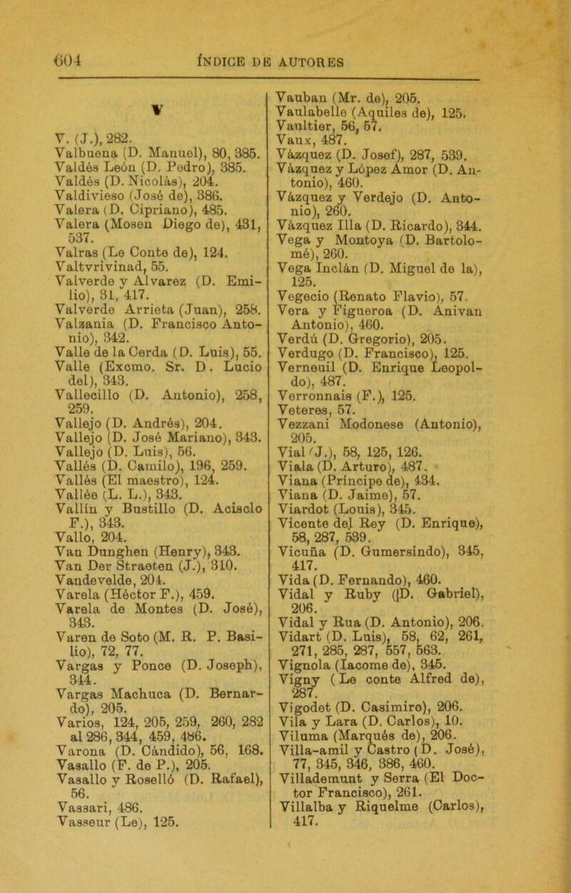 1’ V. (J.),‘282. Valbuena (D. Manuel), 80, 385. Valdós León (D. Podro), 385. Valdós (D. Nicolás), 204. Valdivieso (José de), 386. Valera (D. Cipriano), 485. Valora (Mosen Diego de), 431, 537. Valras (Le Conte de), 124. Valtvrivinad, 55. Valverde y Alvarez (D. Emi- lio), 31. 417. Valverde Arrieta (Juan), 258. Valaania (D. Francisco Anto- nio), 342. Valle de la Cerda (D. Luis), 55. Valle (Excmo. Sr. D. Lucio del), 343. Vallecillo (D. Antonio), 268, 259. Vallejo(D. Andrés), 204. Vallejo (D. José Mariano), 343. Vallejo (D. Lnis), 56. Vallós (D. Camilo), 196, 259. Vallós (El maestro), 124. Vallée (L. L.), 343. Vallin y Bastillo (D. Acisclo F.), 343. Vallo, 204. Van Dunghen (Henry), 343. Van Der Straeten (J.), 310. Vandevelde, 204. Varela (Héctor F.), 459. Varela de Montes (D. José), 343. Varen de Soto (M. R. P. Basi- lio), 72, 77. Vargas y Ponce (D. Joseph), 344. Vargas Machuca (D. Bernar- do), 205. Varios, 124, 205, 259, 260, 282 al 286, 344, 459, 486. Varona (D. Cándido), 56, 168. Vasallo (F. de P.), 205. Vasallo y Roselló (D. Rafael), 56. Vassari, 486. Vasseur(Le), 125. Vauban (Mr. de), 205. Vaulabelle (Aquiles de), 125. Vaultier, 56, 57. Van-K, 487. Vázquez (D. Josef), 287, 539. Vázquez y López Amor (D. An- tonio), 460. Vázquez y Verdejo (D. Anto- nio), 2é0. Vázquez Illa (D. Ricardo), 344. Vega y Montoya (D. Bartolo- mé), 260. Vega Inclán (D. Miguel de la), 125. Vegecio (Renato Flavio), 57. Vera y Figueroa (D. Ánivan Antonio), 460. Verdú (D. Gregorio), 205. Verdugo (D. Francisco), 125. Verneuil (D. Enrique Leopol- do), 487. Verronnais (F.), 125. Veteres, 57. Vezzani Modonese (Antonio), 205. Vial (3.), 58, 125, 126. Viala(D. Arturo), 487. • Viana (Principe de), 434. Viana (D. Jaime), 57. Viardot (Louis), 345. Vicente de] Rey (D. Enrique), 58, 287, 539. Vicuña (D. Gumersindo), 345, 417. Vida(D. Fernando), 460. Vidal y Ruby (|D. Gabriel), 206. Vidal y Rúa (D. Antonio), 206. Vidart (D. Luis), 58, 62, 261, 271, 285, 287, 557, 663. Vignola (lacorae de), 346. Vigny (Lo con te Alfred de), 287. Vigodot (D. Casimiro), 206. Vila y Lara (D. Carlos), 10. Viluma (Marqués do), 206. Villa-amil y Castro (D. José), 77, 345, 346, 386, 460. Villademunt y Serra (El Doc- tor Francisco), 261. Villalba y Riquelme (Carlos), 417.