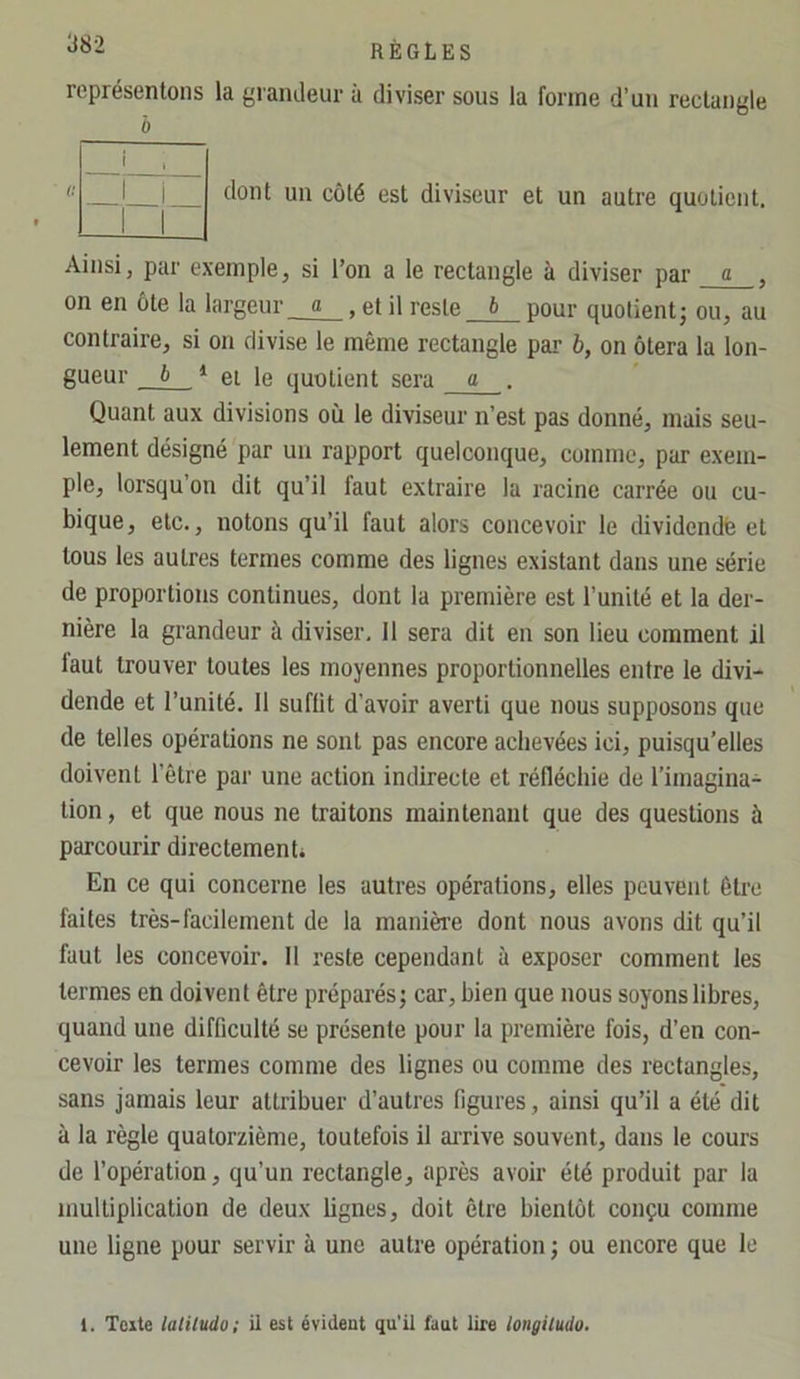 représentons la grandeur à diviser sous la forme d’un rectangle dont un côté est diviseur et un autre quotient. Ainsi, par exemple, si l’on a le rectangle à diviser par a , on en ôte la largeur a , et il reste b pour quotient; ou, au contraire, si on divise le même rectangle par b, on ôtera la lon- gueur et le quotient sera a . Quant aux divisions où le diviseur n’est pas donné, mais seu- lement désigné par un rapport quelconque, comme, par exem- ple, lorsqu’on dit qu’il faut extraire la racine carrée ou cu- bique, etc., notons qu’il faut alors concevoir le dividende et tous les autres termes comme des lignes existant dans une série de proportions continues, dont la première est l’unité et la der- nière la grandeur à diviser. Il sera dit en son lieu comment il laut trouver toutes les moyennes proportionnelles entre le divi- dende et l’unité. 11 suffit d’avoir averti que nous supposons que de telles opérations ne sont pas encore achevées ici, puisqu’elles doivent l’être par une action indirecte et réfléchie de l’imagina- tion , et que nous ne traitons maintenant que des questions à parcourir directementi En ce qui concerne les autres opérations, elles peuvent êti’c faites très-facilement de la manière dont nous avons dit qu’il faut les concevoir. 11 reste cependant à exposer comment les termes en doivent être préparés; car, bien que nous soyons libres, quand une difficulté se présente pour la première fois, d’en con- cevoir les termes comme des lignes ou comme des rectangles, sans jamais leur attribuer d’autres figures, ainsi qu’il a été dit à la règle quatorzième, toutefois il ai-rive souvent, dans le cours de l’opération, qu’un rectangle, après avoir été produit par la multiplication de deux lignes, doit être bientôt conçu comme une ligne pour servir à une autre opération ; ou encore que le 1. Texte laliludo; il est évident qu'il faut lire longiludo.