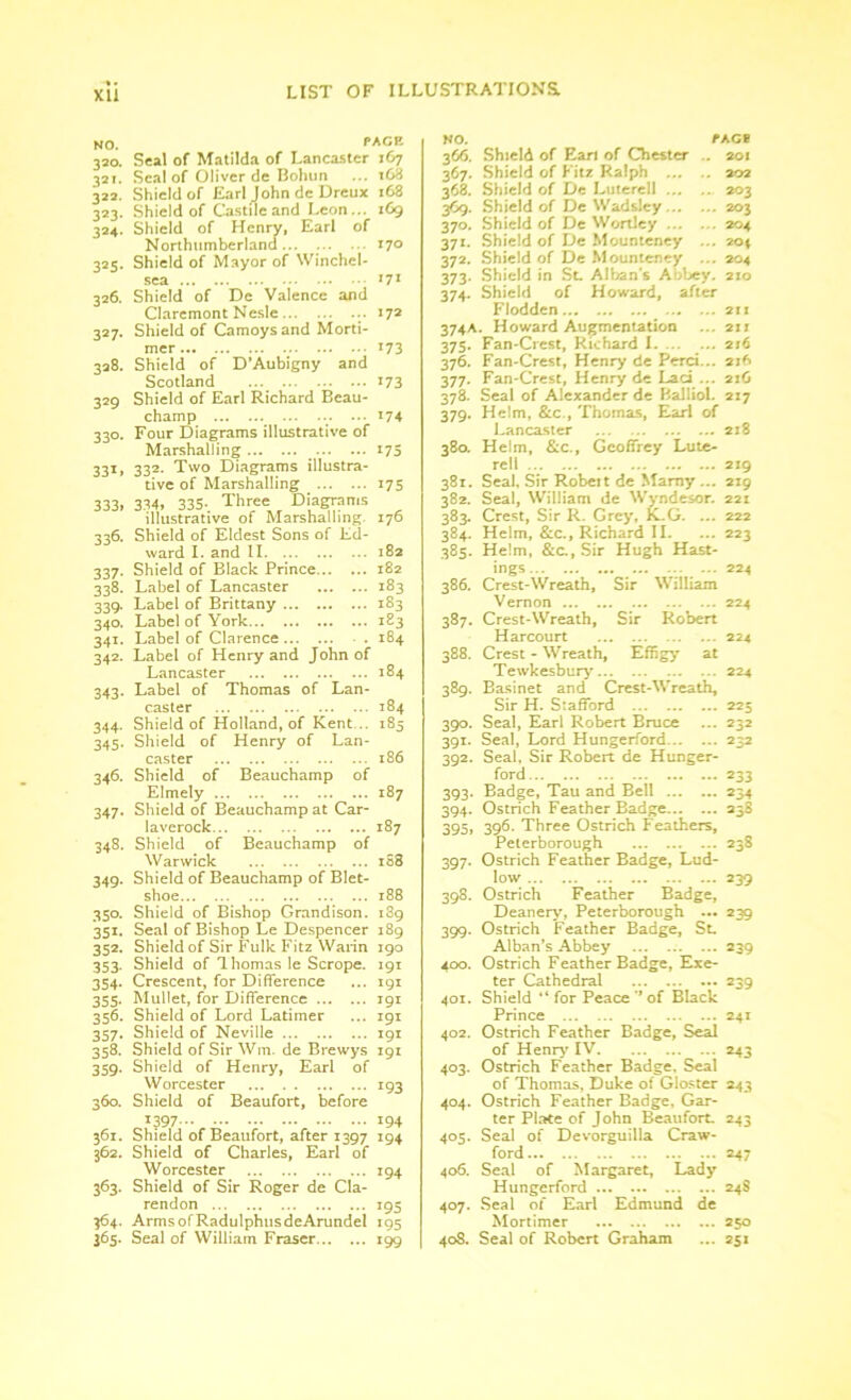 NO. PAGE 320. Seal of Matilda of Lancaster 167 321. Seal of Oliver de Bohun ... t63 322. Shield of Earl John de Dreux 168 323. Shield of Castile and Leon... 169 324. Shield of Henry, Earl of Northumberland... 17° 325. Shield of Mayor of Winchel- *7X 326. Shield of De Valence and Claremont Nesle ..172 327. Shield of Camoysand Morti- mer 173 328. Shield of D’Aubigny and Scotland ... 173 329 Shield of Earl Richard Beau- champ ... 174 330. Four Diagrams illustrative of Marshalling 175 331, 332. Two Diagrams illustra- tive of Marshalling 175 333. 334, 335-. Three Diagrams illustrative of Marshalling. 176 336. Shield of Eldest Sons of Ed- ward I. and II 182 337. Shield of Black Prince 182 338. Label of Lancaster 183 339. Label of Brittany 183 340. Label of York 183 341. Label of Clarence . 184 342. Label of Henry and John of Lancaster 184 343. Label of Thomas of Lan- caster 184 344. Shield of Holland, of Kent... 185 345. Shield of Henry of Lan- caster 186 346. Shield of Beauchamp of Elmely 187 347. Shield of Beauchamp at Car- laverock 187 348. Shield of Beauchamp of Warwick 1S8 349. Shield of Beauchamp of Blet- shoe 188 350. Shield of Bishop Grandison. 189 351. Seal of Bishop Le Despencer 189 352. Shield of Sir Fulk Fitz Warin 190 353. Shield of Thomas le Scrope. 191 354. Crescent, for Difference ... 191 355. Mullet, for Difference 191 356. Shield of Lord Latimer ... 191 357. Shield of Neville 191 358. Shield of Sir Win. de Brewys 191 359. Shield of Henry, Earl of Worcester 193 360. Shield of Beaufort, before *397 194 361. Shield of Beaufort, after 1397 194 362. Shield of Charles, Earl of Worcester 194 363. Shield of Sir Roger de Cla- rendon 195 364. ArmsofRadulphusdeArundel 195 365. Seal of William Fraser 199 NO. f AGE 366. Shield of Earl of Chester .. 201 367. Shield of Fitz Ralph 202 368. Shield of De Luterell 203 369. Shield of De Wadsley 203 370. Shield of De Wortley 204 371. Shield of De Mounteney ... 204 372. Shield of De Mounteney ... 204 373. Shield in St. Alban's Aobey. 210 374. Shield of Howard, after Flodden 211 374a. Howard Augmentation ... 211 375. Fan-Crest, Richard 1 216 376. Fan-Crest, Henry de Perci... 2x* 377. Fan-Crest, Henry de Laci ... 2iC 378. Seal of Alexander de Balliol. 217 379. Helm, &c., Thomas, Earl of Lancaster 218 380. Helm, &c., Geoffrey Lute- rell 219 381. Seal. Sir Robeit de Mamy ... 219 382. Seal, William de Wyndesor. 221 383. Crest, Sir R. Grey, K~G. ... 222 384. Helm, &c., Richard II. ... 223 385. Helm, &c., Sir Hugh Hast- ings 224 386. Crest-Wreath, Sir William Vernon 224 387. Crest-Wreath, Sir Robert Harcourt 224 388. Crest - Wreath, Effigy at Tewkesbury 224 389. Basinet and Crest-Wreath, Sir H. Stafford 225 390. Seal, Earl Robert Bruce ... 232 391. Seal, Lord Hungerford 232 392. Seal, Sir Robert de Hunger- ford 233 393. Badge, Tau and Bell 234 394. Ostrich Feather Badge 238 395. 396. Three Ostrich Feathers, Peterborough 238 397. Ostrich Feather Badge, Lud- low 239 398. Ostrich Feather Badge, Deanery, Peterborough ... 239 399. Ostrich Feather Badge, St. Alban’s Abbey 239 400. Ostrich Feather Badge, Exe- ter Cathedral 239 401. Shield “ for Peace ’’ of Black Prince 241 402. Ostrich Feather Badge, Seal of Henry IV 243 403. Ostrich Feather Badge. Seal of Thomas, Duke of Gloster 243 404. Ostrich Feather Badge, Gar- ter Plate of John Beaufort. 243 405. Seal of Devorguilla Craw- ford 247 406. Seal of Margaret, Lady Hungerford 24S 407. Seal of Earl Edmund de Mortimer 250 408. Seal of Robert Graham ... 251