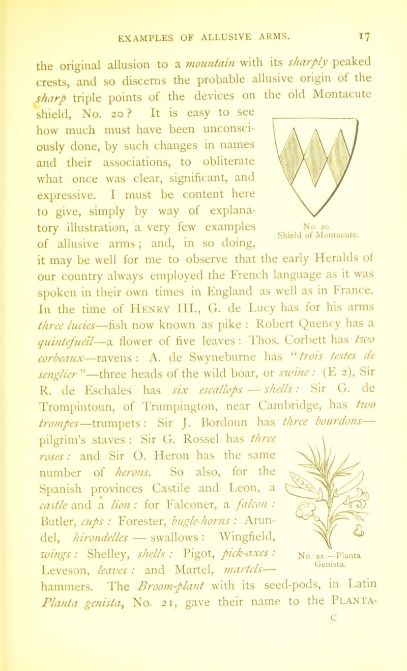 No. 20. Shield of Montacute. the original allusion to a mountain with its sharply peaked crests, and so discerns the probable allusive origin of the sharp triple points of the devices on the old Montacute shield, No. 20? It is easy to see how much must have been unconsci- ously done, by such changes in names and their associations, to obliterate what once was clear, significant, and expressive. I must be content here to give, simply by way of explana- tory illustration, a very few examples of allusive arms; and, in so doing, it may be well for me to observe that the early Heralds of our country always employed the French language as it was spoken in their own times in England as well as in France. In the time of Henry III., G. de Lucy has for his arms three lucies—fish now known as pike : Robert Quency has a quintefueil—a flower of five leaves: Thos. Corbett has two corbeaux—ravens : A. de Swyneburne has “ trois testes de senglier—three heads of the wild boar, or swine: (E 2), Sir R. de Eschales has six escallops — shells: Sir G. de Trompintoun, of Trumpington, near Cambridge, has two trompes—trumpets: Sir J. Bordoun has three bourdons— pilgrim’s staves : Sir G. Rossel has three roses: and Sir O. Heron has the same number of herons. So also, for the Spanish provinces Castile and Leon, a castle and a lion: for Falconer, a falcon : Butler, cups : Forester, bugle-horns : Arun- del, hirondelles — swallows : Wingfield, wings : Shelley, shells : Pigot, pick-axes : Leveson, leaves: and Martel, martels— hammers. The Broom-plant with its seed-pods, in Latin Planta genista, No. 21, gave their name to the Planta- c No. 21. — Planta Genista.