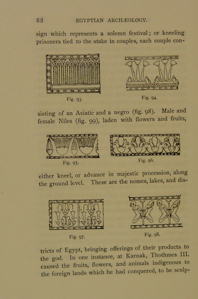 sign which represents a solemn festival ; or kneeling prisoners tied to the stake in couples, each couple con- Fig. 93- 94- sisting of an Asiatic and a negro (fig. 9^)- Male and female Niles (fig. 99), l^den with flowers and fruits, either kneel, or advance in majestic procession, along the ground level. These are the nomes, lakes, and dis- Fig. 98. tricts of Egypt, bringing offerings of their products to the god. In one instance, at Karnak, Thothmes 11 . caused the fruits, flowers, and animais indigenous to the foreign lands which he had conquered, to be sculp-